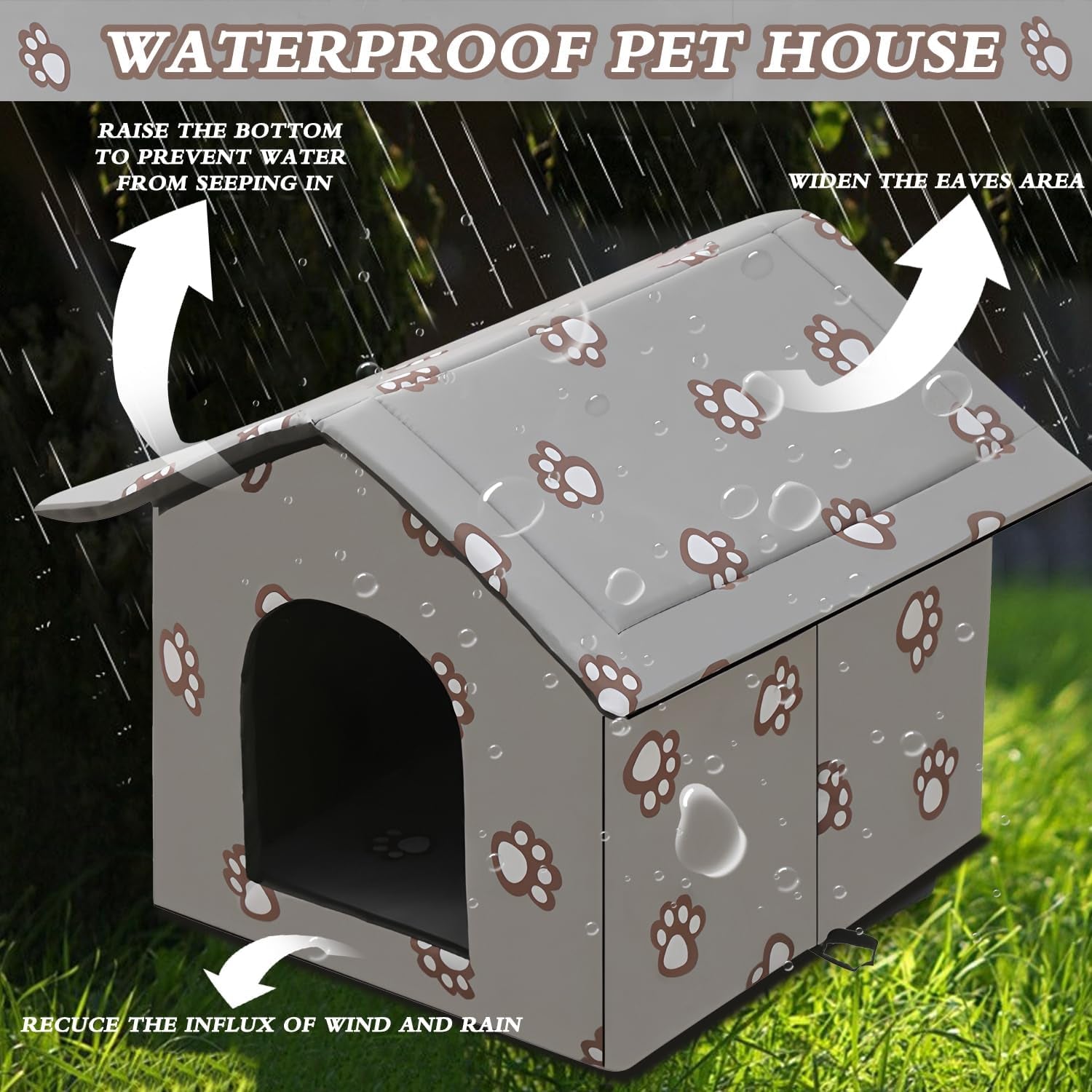 Katzenhaus für Draußen Winterfest en Wasserdicht, Faltbare Outdoor Katzenhöhle mit Abnehmbarem Kissen, Wetterfestes Tierheim für Streuner en Haustiere, Waschbar en Isoliert (Graue Katzenpfote, M)