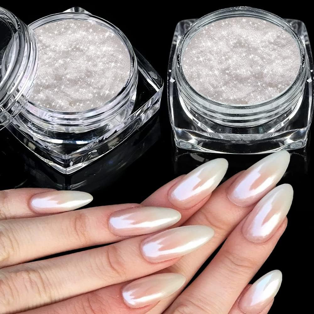 2 Schachteln Weiße Perle Chrom Nagelpuder - Transparant Aurora Ice Shimmer Chrome Pigment Pulver Für Nägel, Glazed Donut Glitzerpuder Nails Spiegeleffekt-Glitter Nagelkunst-Pulver Für Diy-Salon