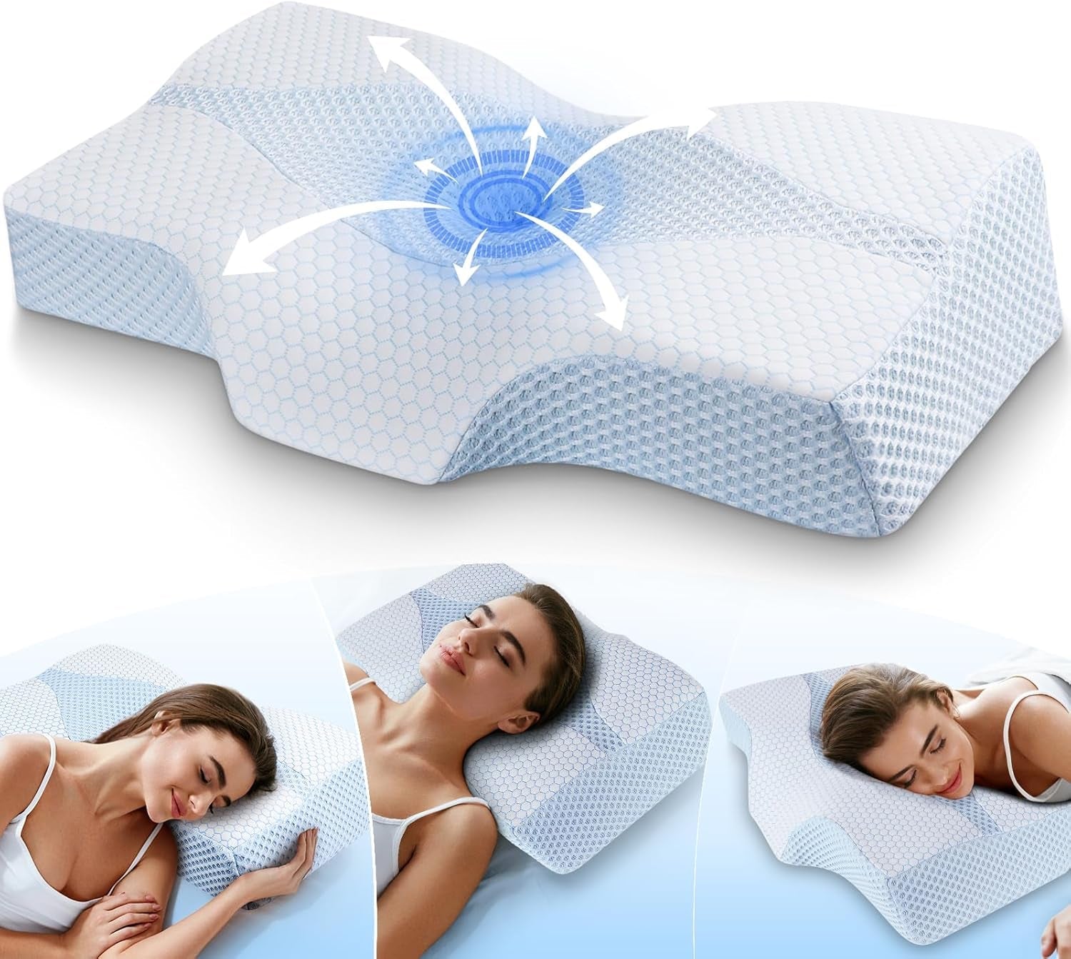 Nekkussen van traagschuim Ergonomisch orthopedisch kussen voor nek- en schouderpijn - Verkoelend slaapkussen voor zij-, rug- en buikslapers met neksteun Cervicale orthopedische kussens Naty Shop 01-Blauwe standaardmaat (25 * 16 * 4,2/5,3) 01-Blauwe maat Standaard (25"*16"*4,2"/5,3")
