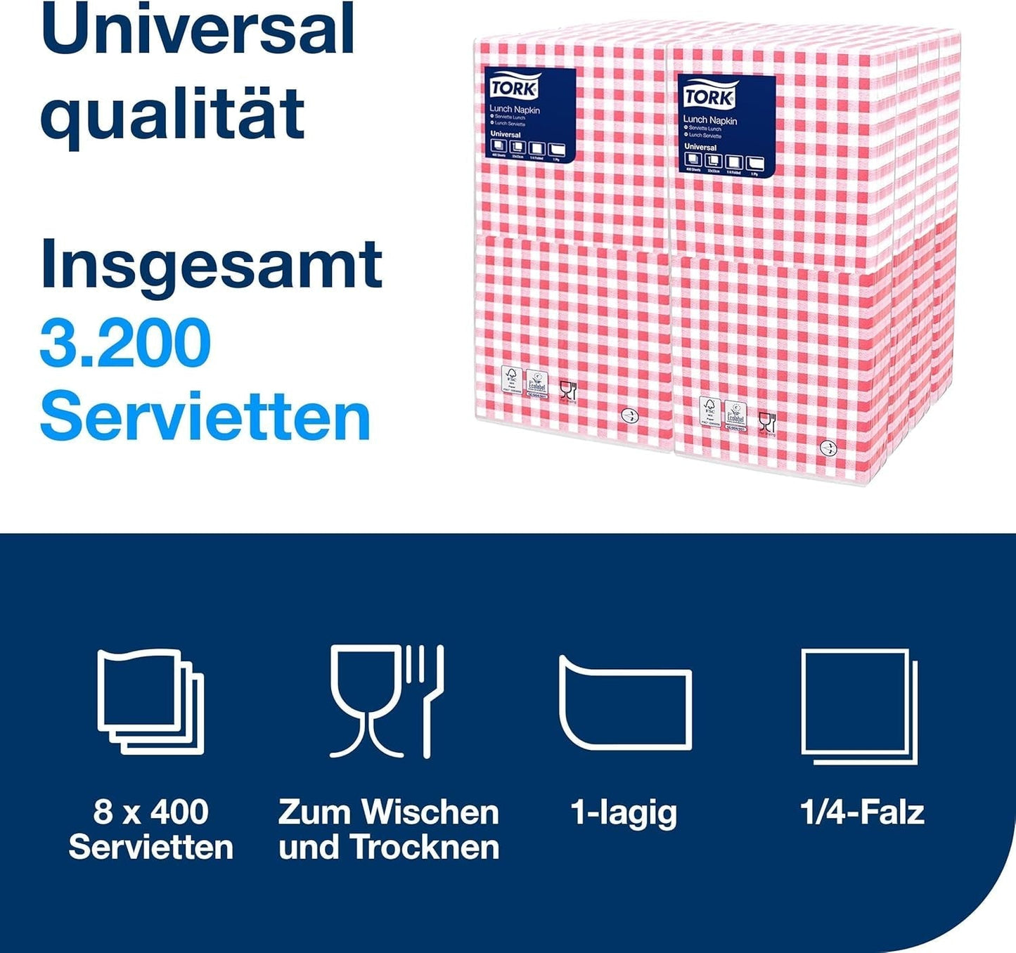 Tork Bistrored lunchservet, 1/4-vouw, 1-laags, 33 cm x 33 cm, 8 x 400 servetten, 509359