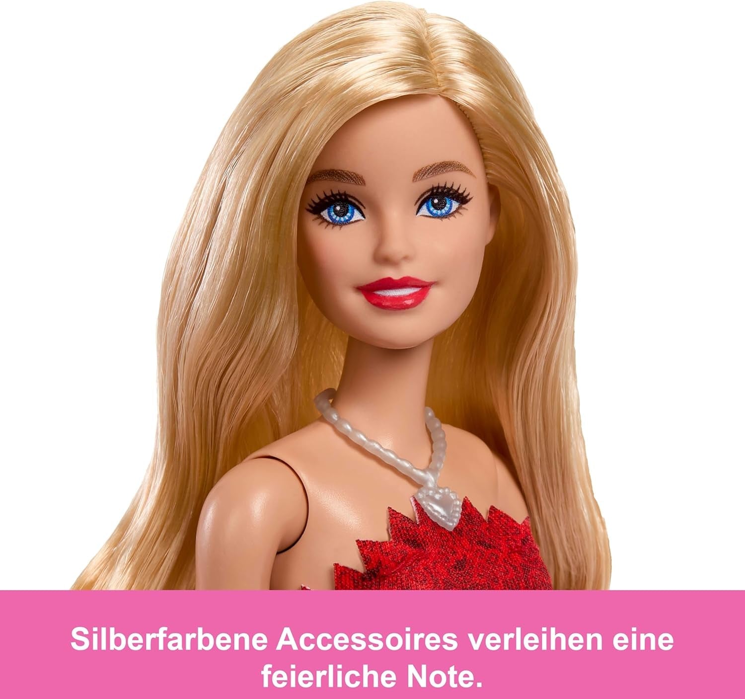 Mattel Rubinrote Blonde Barbie-Party-Modepuppe zum 80. Jubiläum roten Kleid mit zilverkleurige Schuhen en Halskette, Sammelspielzeug, JGD25
