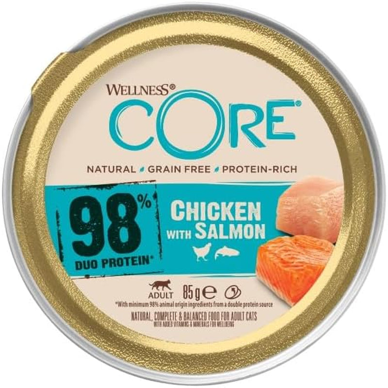 Wellness CORE 98% 12 x 85g, Kip en Zalm - Nat kattenvoer, dikke paté, graanvrij, natuurlijk, hypoallergeen, rijk aan eiwitten, rijk aan vlees