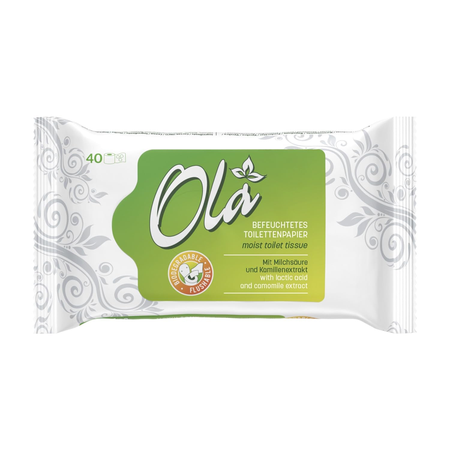 OLA nat toiletpapier - (1X40 stuks) Vochtige doekjes - kamille-extract en melkzuur, wasbaar, gevoelige huid - 40 stuks