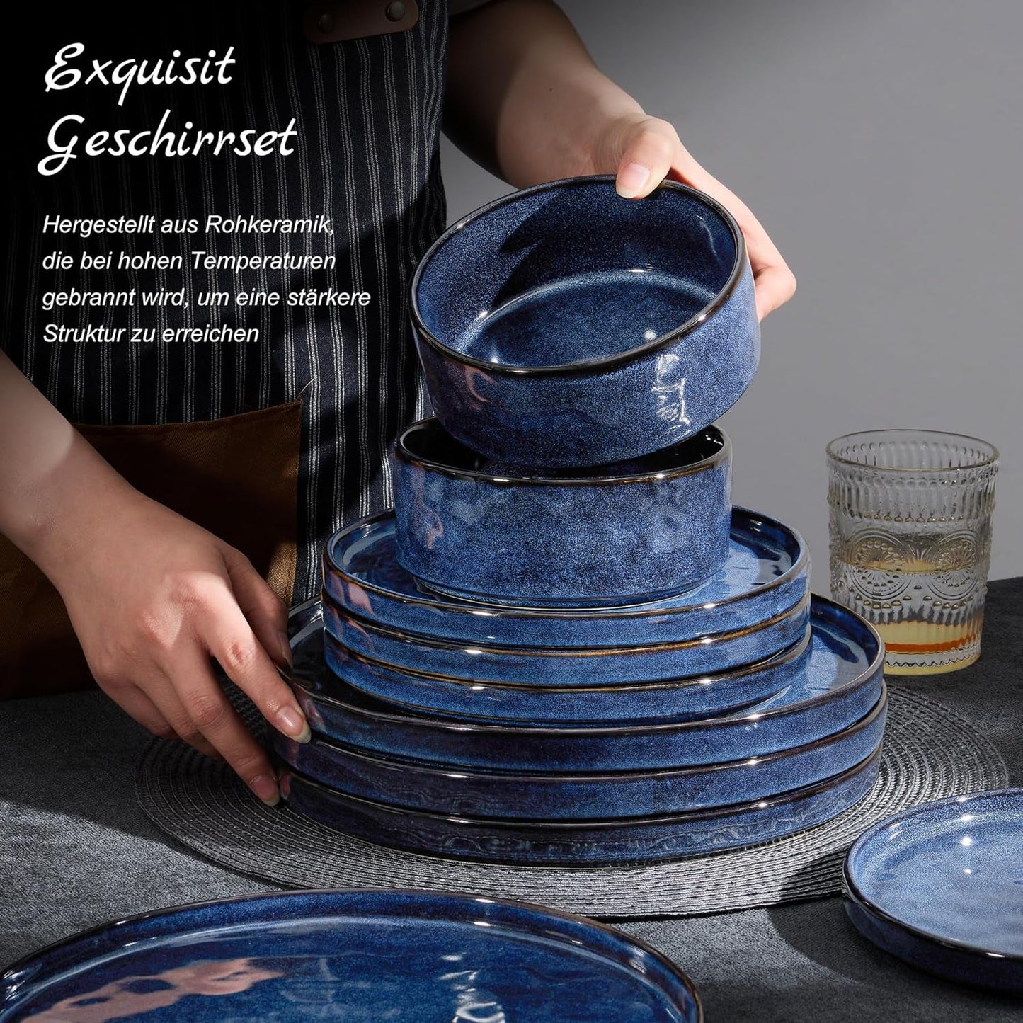 Homikit serviesset, 12-delige serviesset voor 4 personen, serviescombinatie met borden, dessertborden en ontbijtgranenschalen, magnetron- en vaatwasserbestendig, elegant blauw