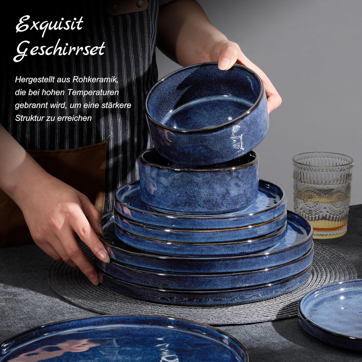 Homikit serviesset, 12-delige serviesset voor 4 personen, serviescombinatie met borden, dessertborden en ontbijtgranenschalen, magnetron- en vaatwasserbestendig, elegant blauw