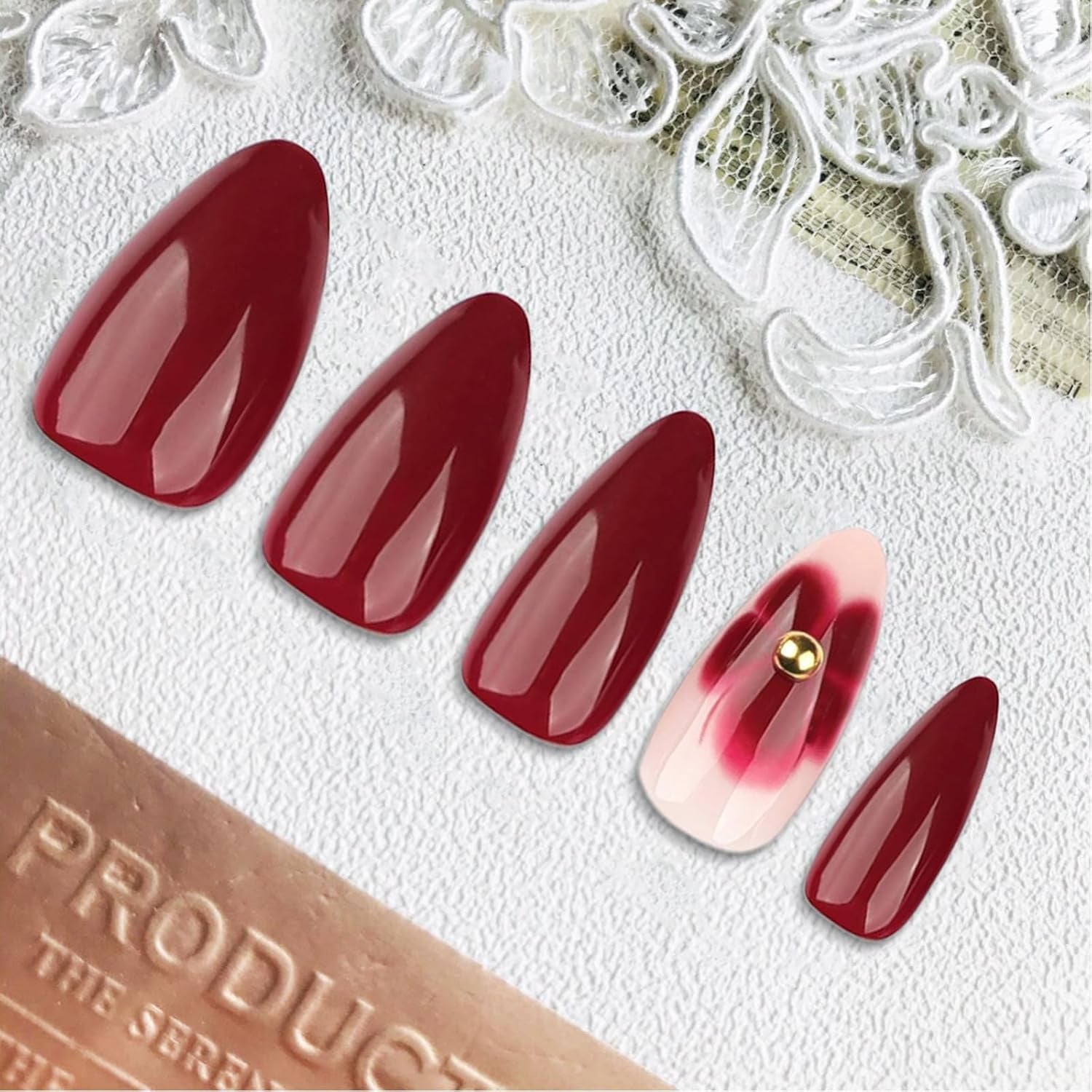 24 bordeauxrode bloemen met diamantpantser, pers op nagels, lijm op kunstnagels, set nageltips