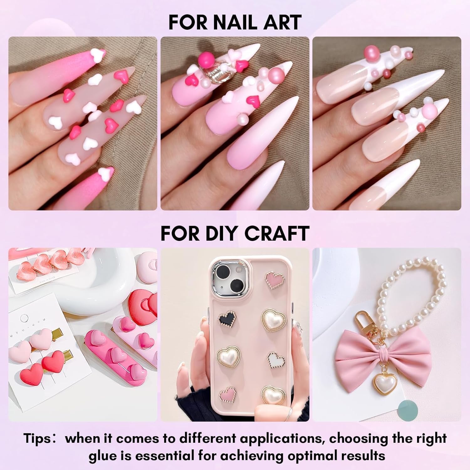 Makartt Strass zelfklevende gel - 15 ml UV-nagellijmset met roze nagelbedels Hartcirkel Nagelsieraden en nageldesignaccessoires voor thuismanicure Valentijnsdagcadeau