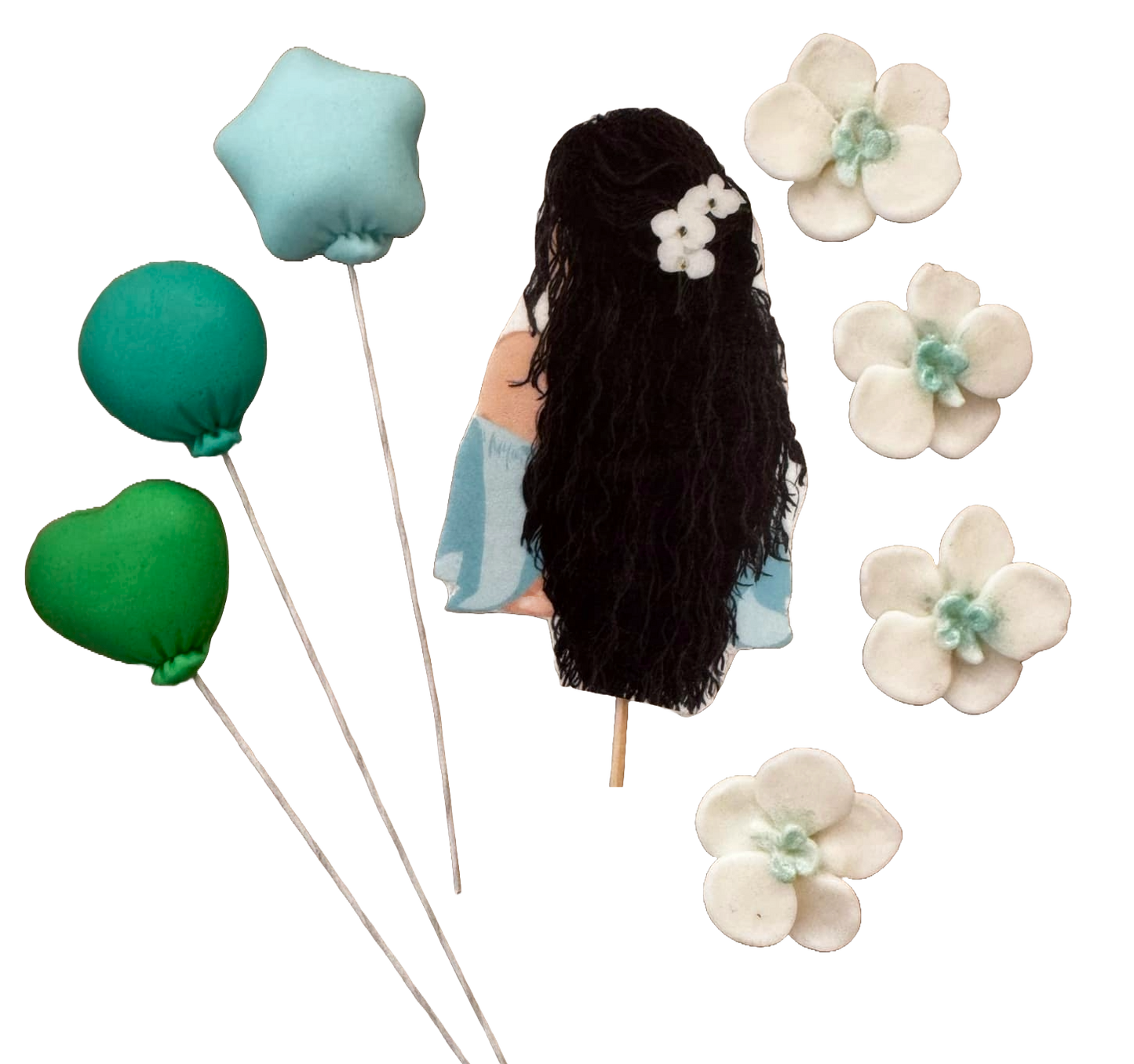 Set van 8 eetbare suikerpasta-decoraties, Mooie Dame, zwart haar Suikerpasta-decoraties Naty Shop