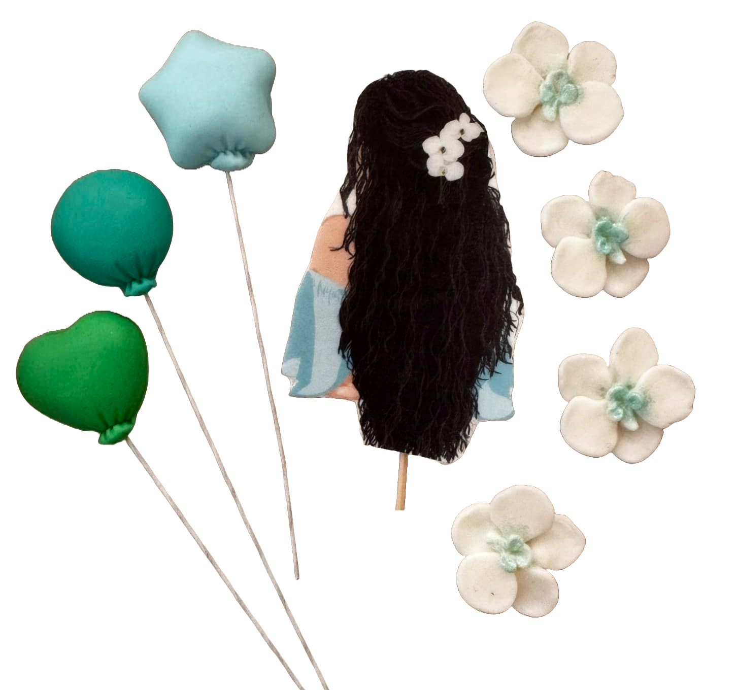 Set van 8 eetbare suikerpasta-decoraties, Mooie Dame, zwart haar Suikerpasta-decoraties Naty Shop