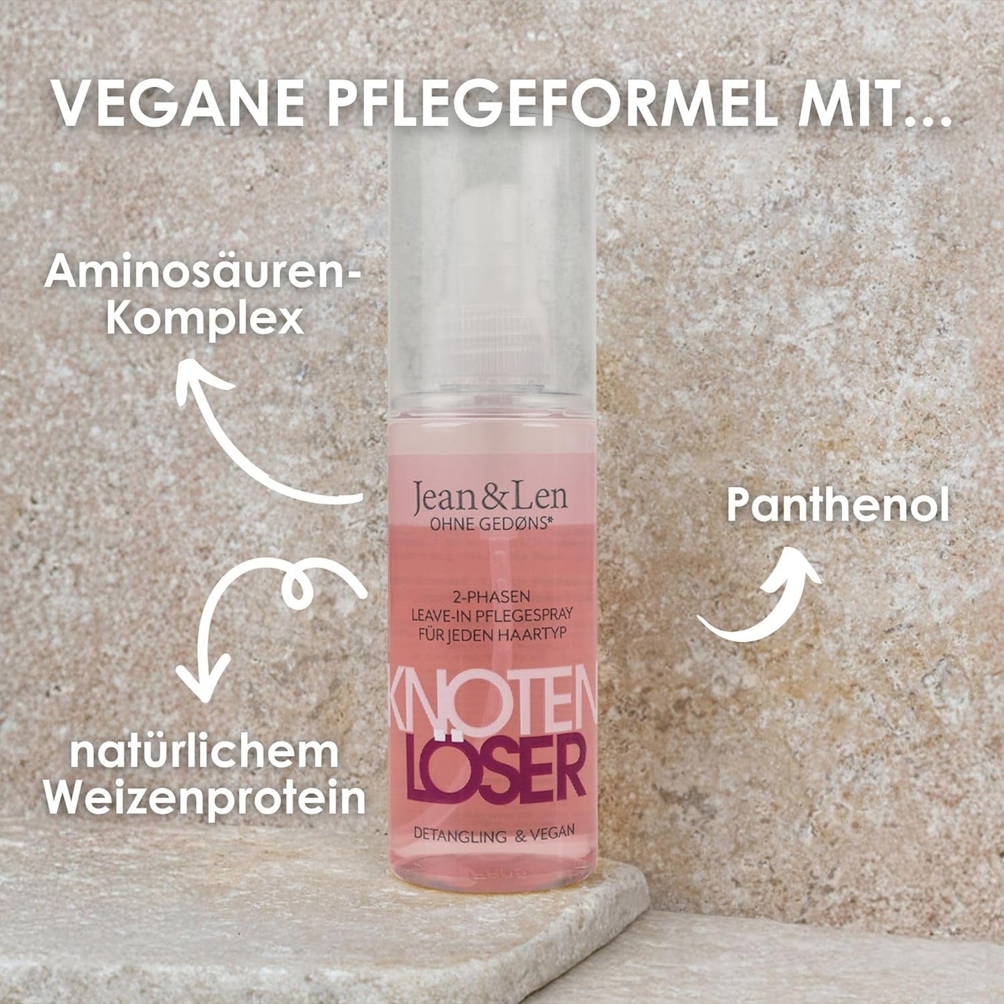 Jean & Len Knot Remover 2-Phase Leave-In Conditioning Spray, geschikt voor alle haartypes, ontwart het haar en verbetert de doorkambaarheid, frisse geur, ontwarrend, siliconen- en parabenenvrij, vegan, 100ml Ontwarrende producten Naty Shop