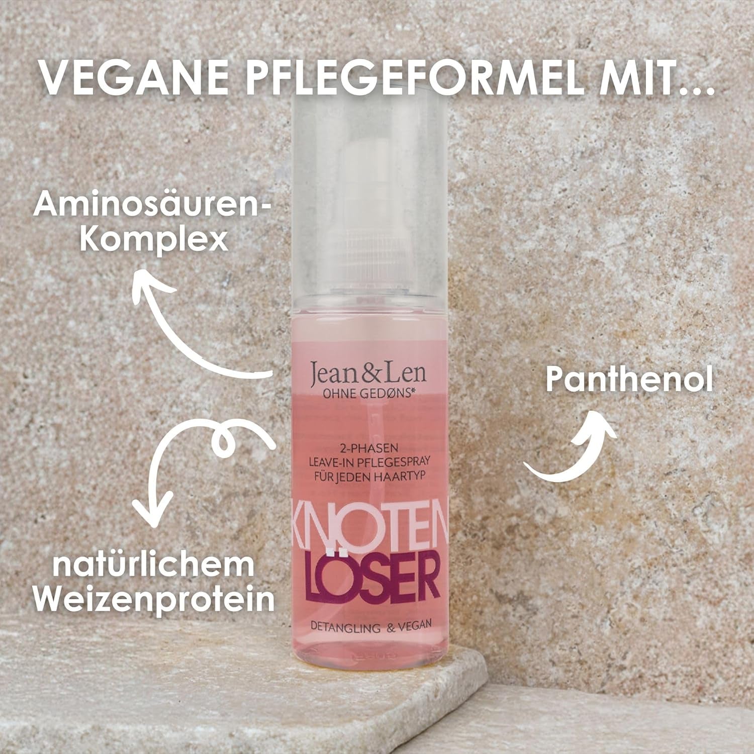 Jean & Len Knot Remover 2-Phase Leave-In Conditioning Spray, geschikt voor alle haartypes, ontwart het haar en verbetert de doorkambaarheid, frisse geur, ontwarrend, siliconen- en parabenenvrij, vegan, 100ml Ontwarrende producten Naty Shop