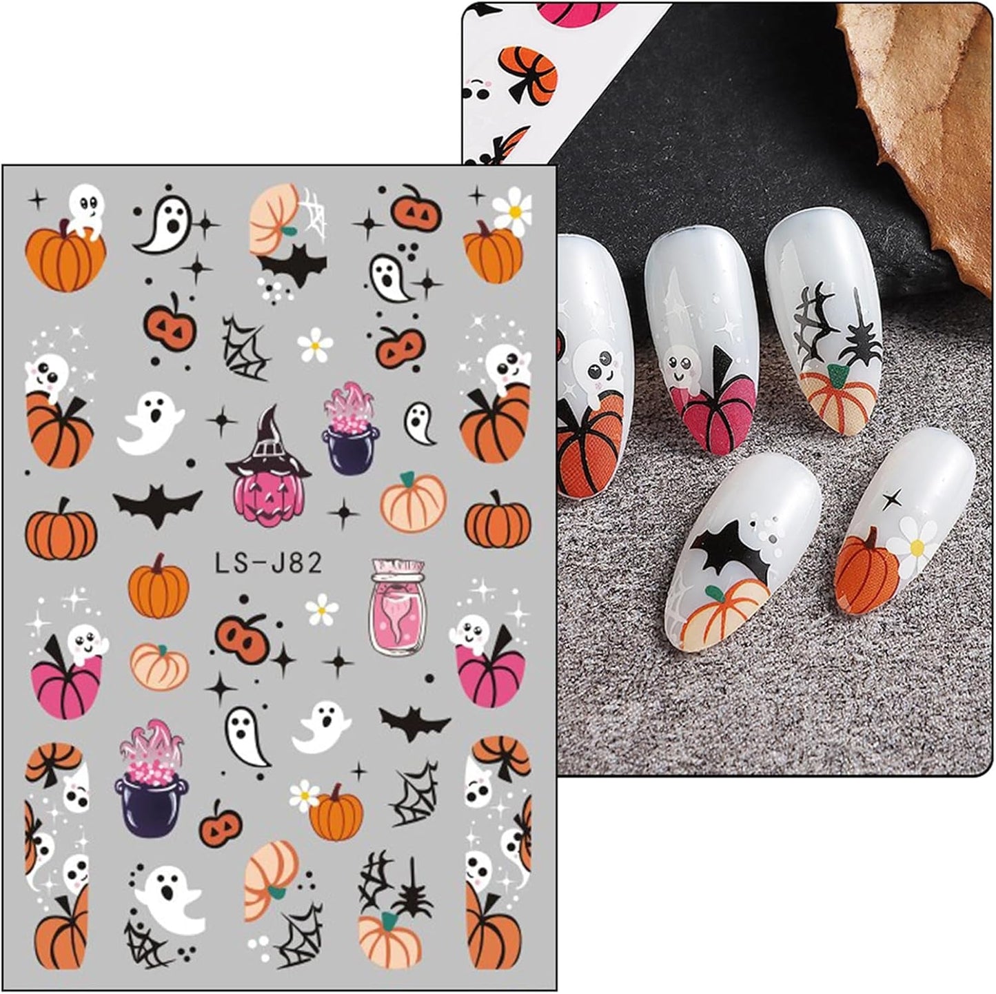 JMEOWIO Nagelsticker Halloween Süßer Geisterkürbis 9 Blatt Nail Art Sticker Selbstklebend Nagelaufkleber Decoratie Nageldesign Zubehör