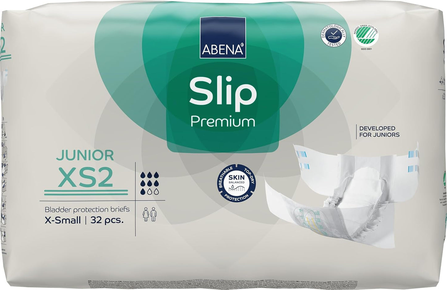 Premium junior slipluiers, eco-label, verbeterde lekbescherming, veilige en comfortabele babyluiers - maat 7/XS2, tailleomtrek 40-60 cm, leeftijd 5-15 jaar, 1 x 32 stuks