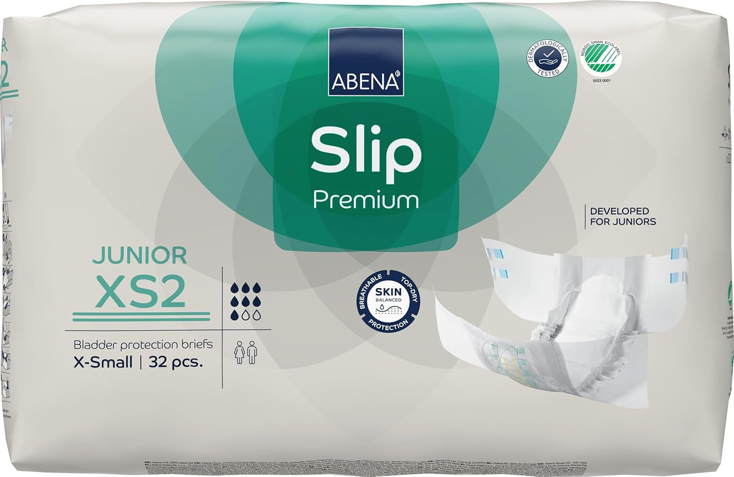 Premium junior slipluiers, eco-label, verbeterde lekbescherming, veilige en comfortabele babyluiers - maat 7/XS2, tailleomtrek 40-60 cm, leeftijd 5-15 jaar, 1 x 32 stuks