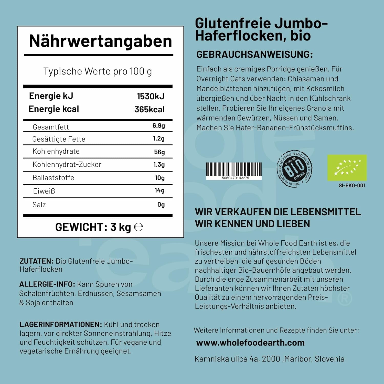 Wholefood Earth Biologische Jumbo Havermout, Glutenvrij – 3 kg | Niet-GMO | Veganistisch | Rijk aan vezels | Gecertificeerd biologisch
