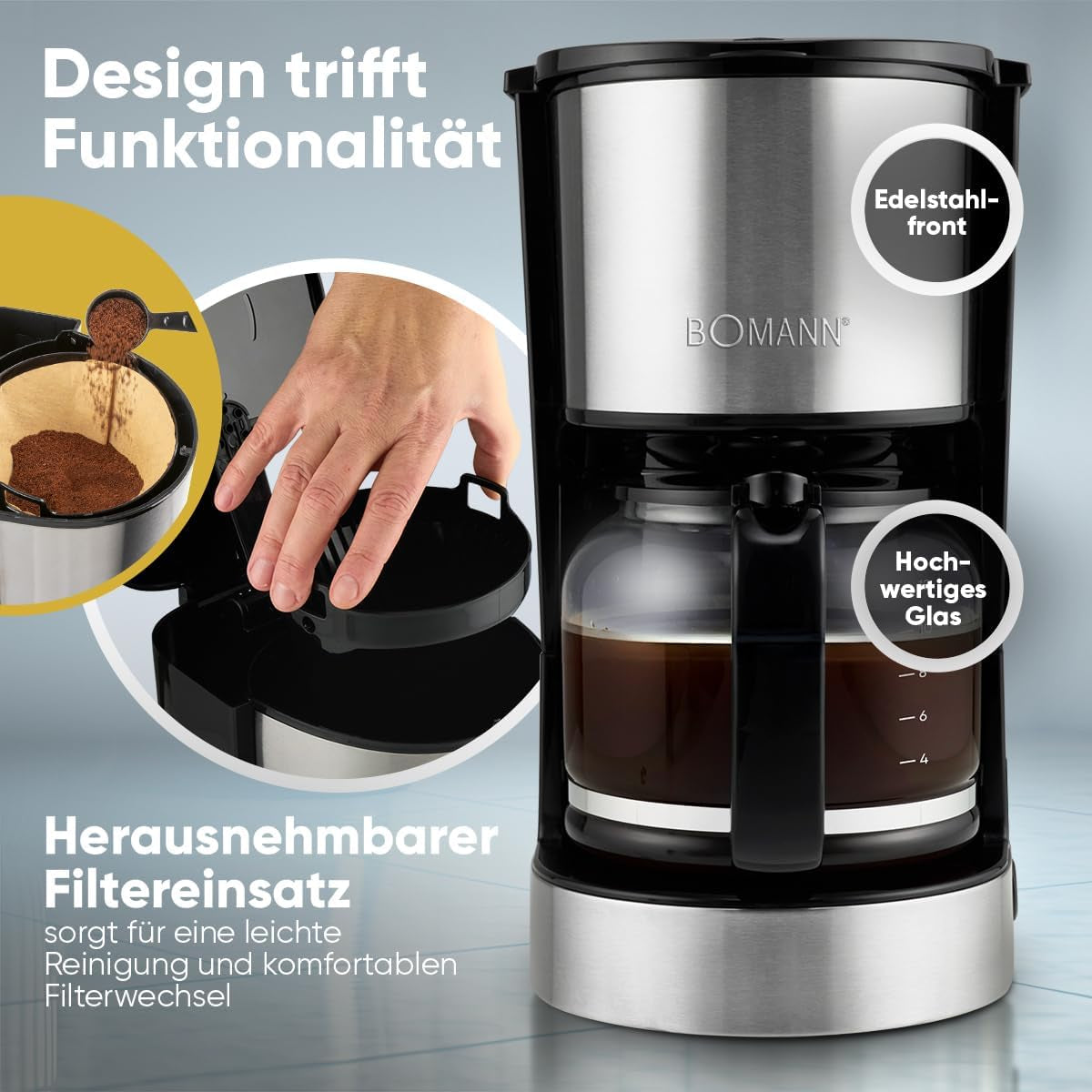 Espressomachine met Bomann®-filter | voor 12-14 kopjes | Koffie-espressomachine met filter | Roestvrij stalen behuizing | Anti-druppel | Espresso | Koffie-espressomachine met filter | 800W | KA 6071CB