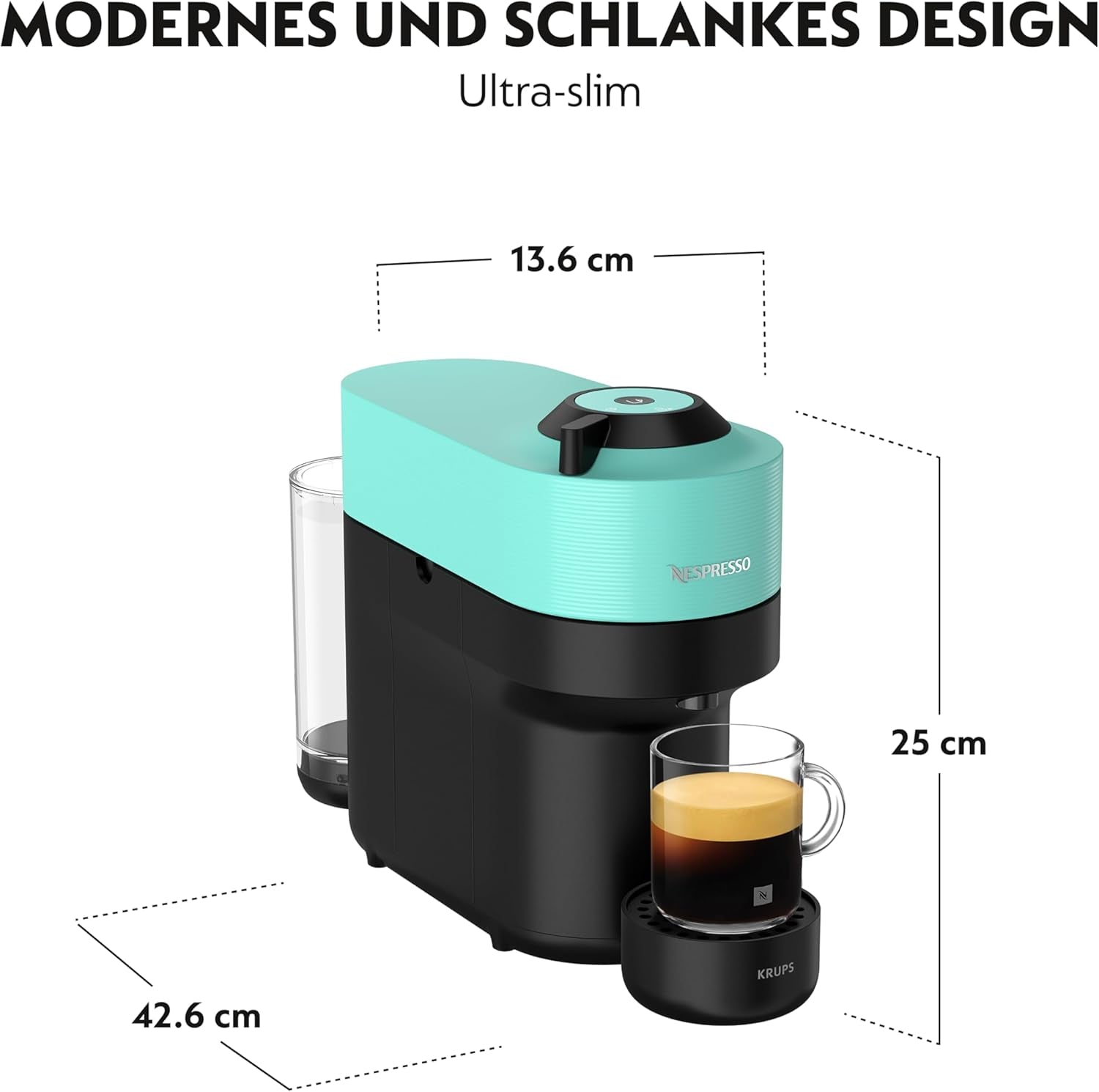 Espressomachine met Nespresso Krups Vertuo Pop capsules, inhoud: 560 ml, automatische capsuleherkenning, one-touch systeem, 4 kopgroottes, verkorte opwarmtijd, duurzaam, Aqua Mint, XN9204