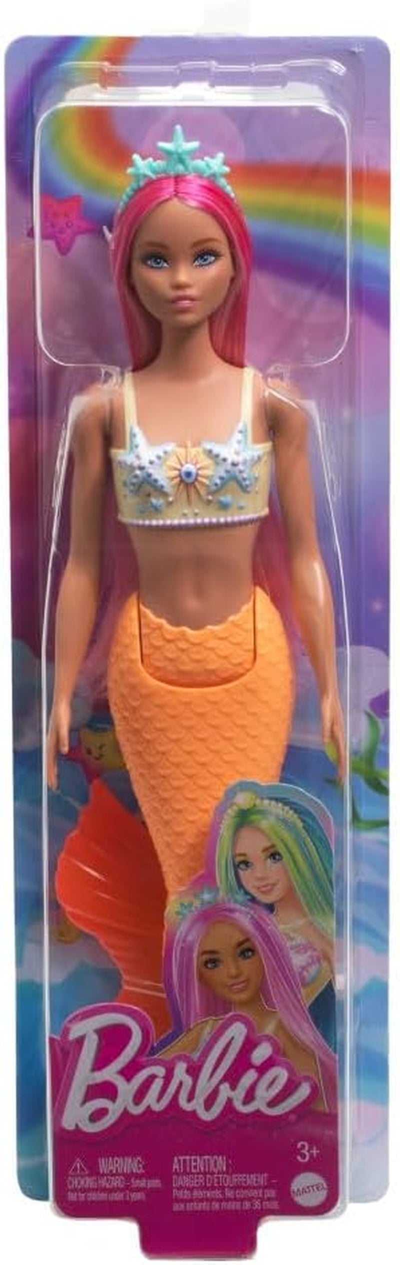 Zeemeermin-Barbiepop met prachtig roze haar en hoofdband, pop met zeesterrenhoofd en zachte oranje staartvin, HRR05