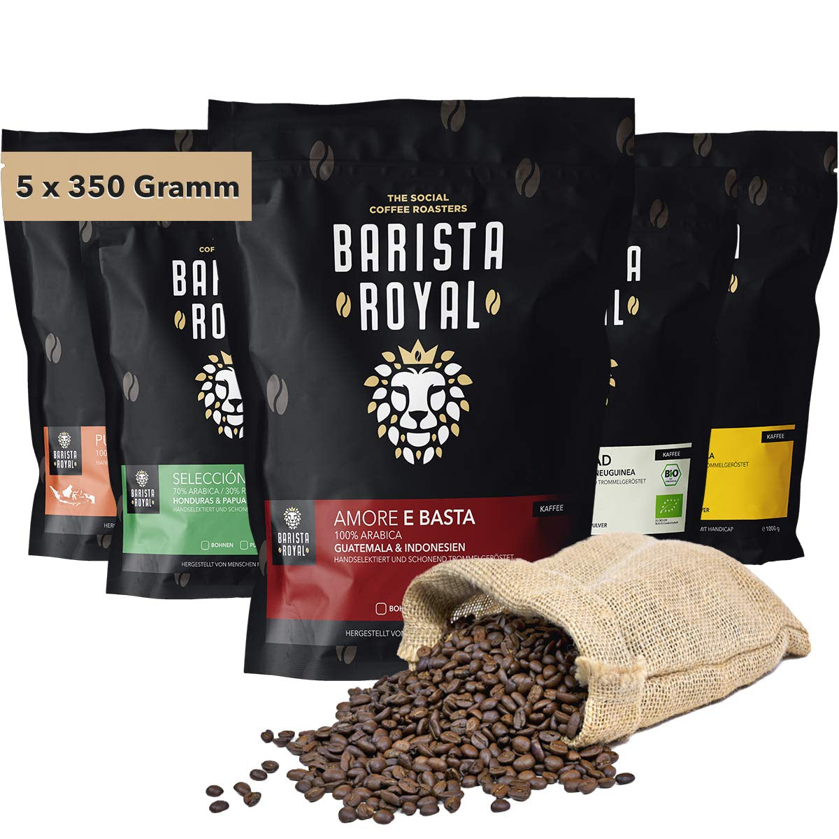 Proeverijset voor hele bonenkoffie 5 x 350 g | Ontdekkingspakket Koffiebonen in Giftset | Arabisch | Eerlijke handel | Veganistisch | Ideaal voor automatische espressomachines, filter-espressomachines, pour-over-espressomachines en French Presses | KONINKLIJKE BARISTA