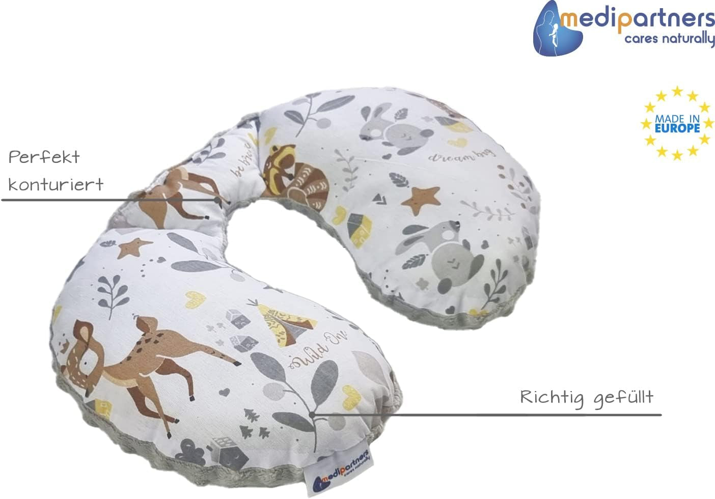 Medi Partners Baby Nekkussen Neksteun 100% Katoen / Minky Baby Nekkussen voor Auto Wandelwagen Reizen Reizen Slaap Nekkussen Snooze Roll (REH met Grijze Minky) Cervicale Orthopedische Kussens Naty Shop