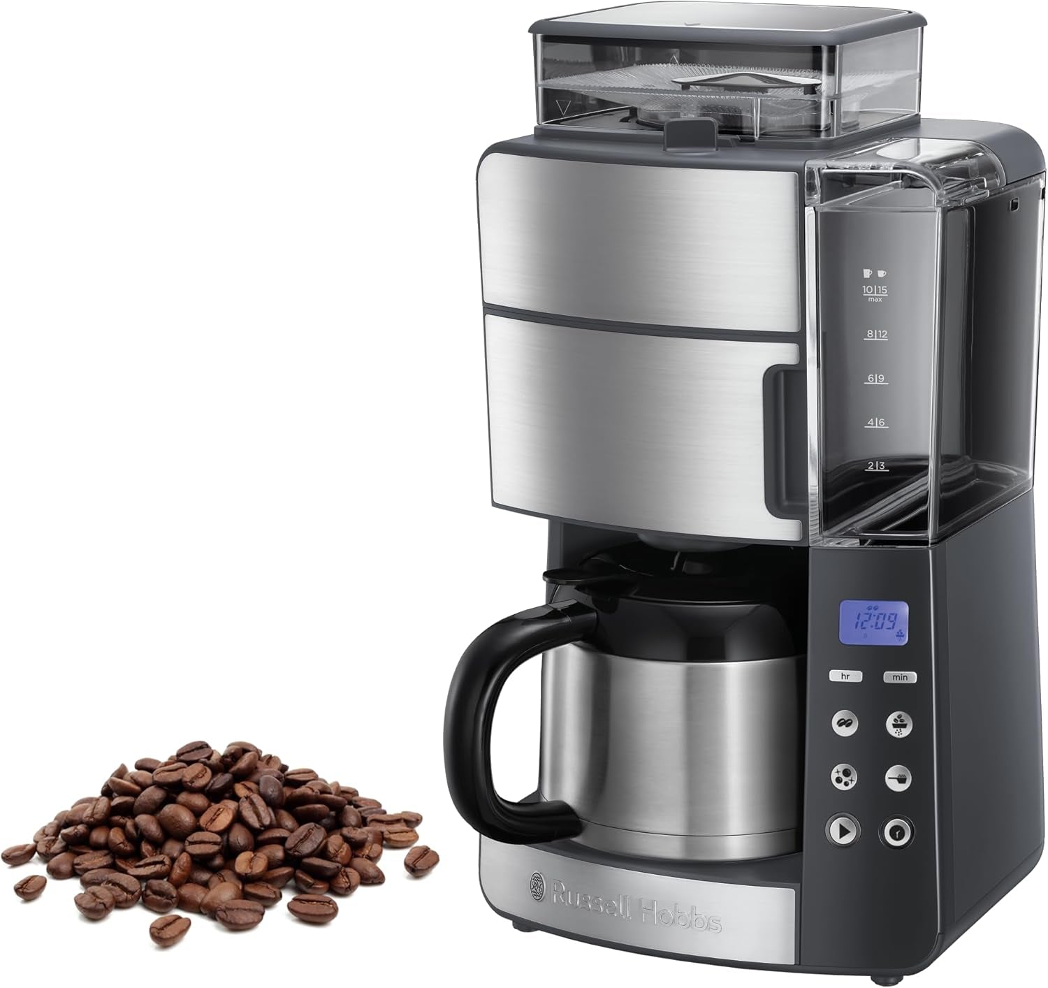 Russell Hobbs koffiezetapparaat met molen en thermische karaf [digitale timer, douchekop voor optimale extractie en aroma] Grind&Brew (1-10 kopjes, 3 maalinstellingen) Filterkoffiezetapparaat 25620-56