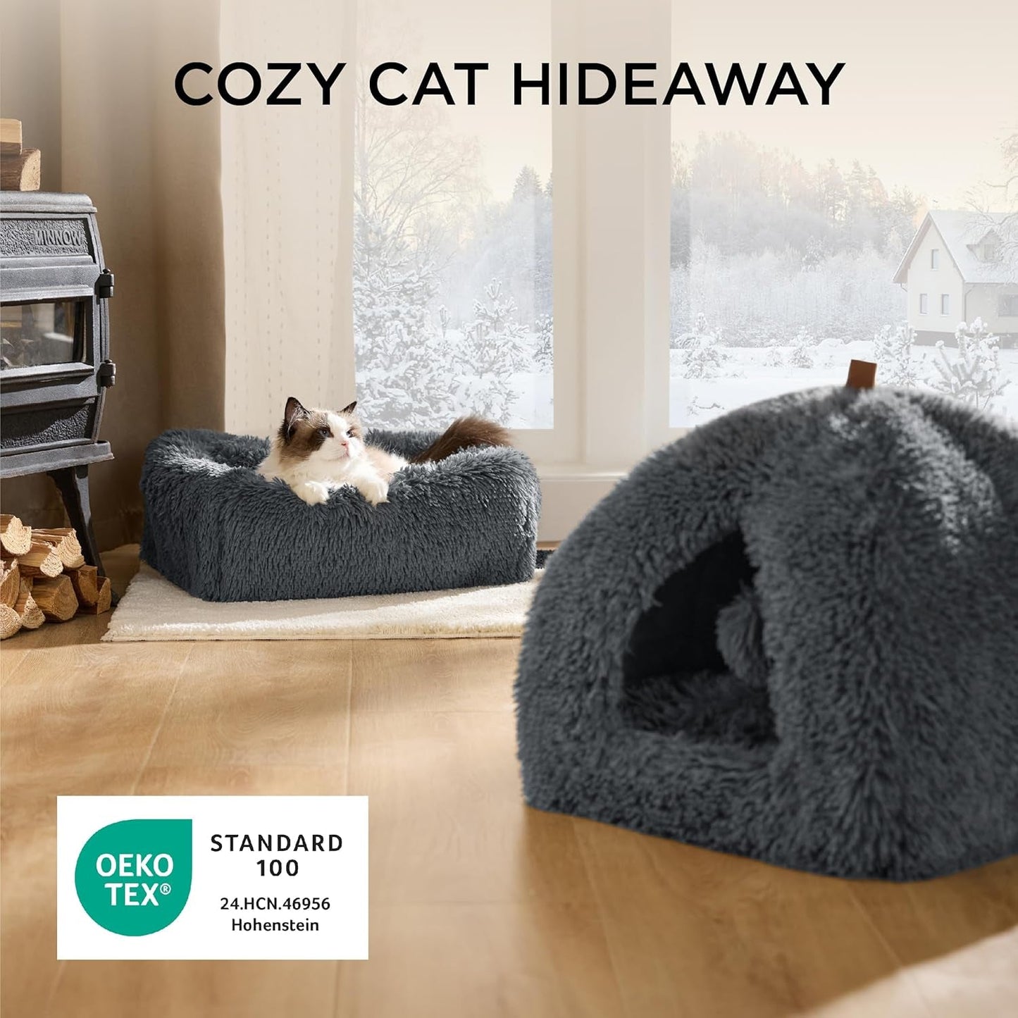 BEDSURE Katzenbett große Katzen Katzenhöhle- 44x44x44 cm Plüsch Katzenhaus Indoor mit abnehmbarem Katzenkissen en ophangen Spielzeug, Katzen Bettchen waschbar, dunkelgrau