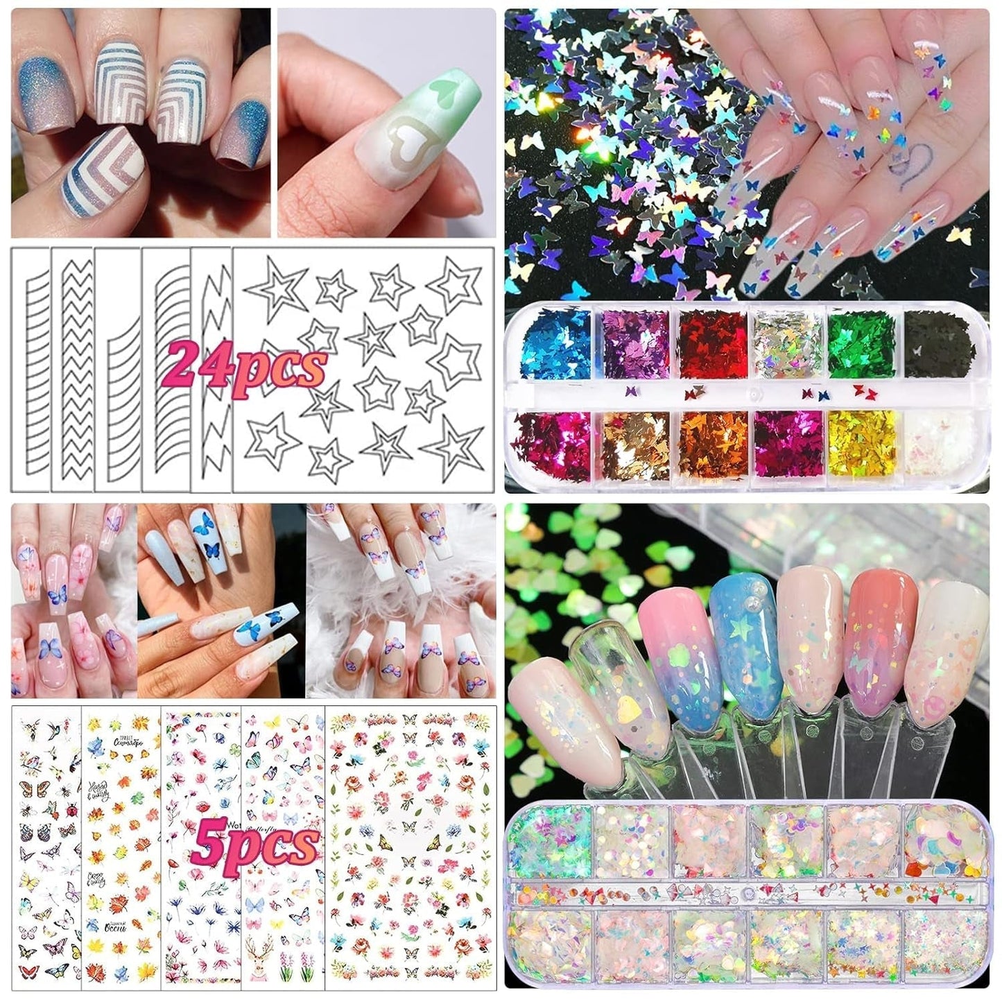 Nail Art Pinsel en decoratieset,Nail Art decoratieset,15 stuks Pinsel,5 Blätter Nagelsticker,5 stuks Dotted Pen,Strasssteine ​​​​Nägel,Ultra Dünn Nagel Pailetten voor Nagelkunst Maniküre