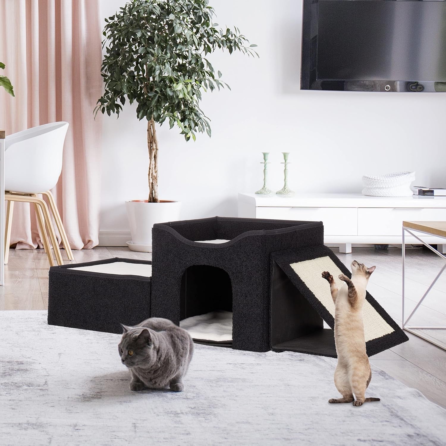 Relaxdays Katzenhöhle, opvouwbaar, 3 Liegeplätze, Katzenhaus mit Kratzfläche, HBT: 36,5x112x41 cm, Katzenversteck, schwarz