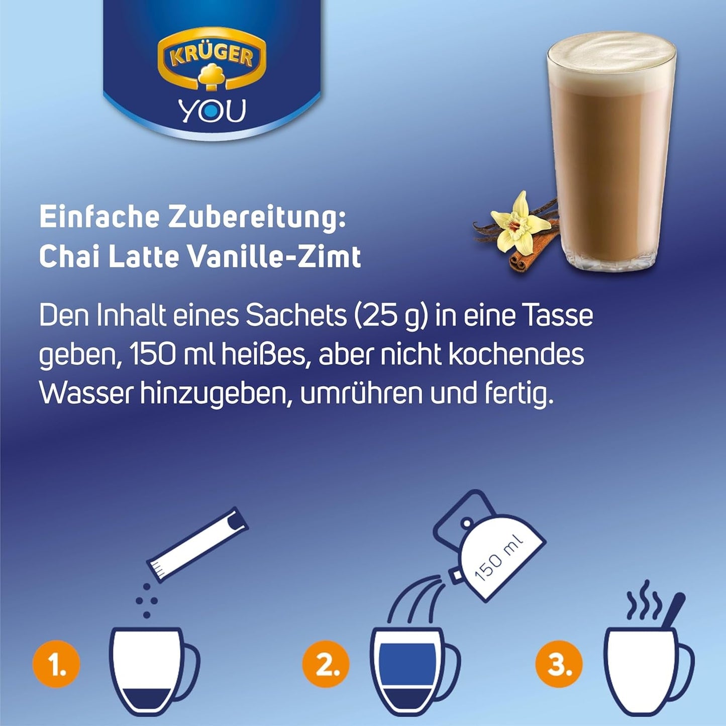 KRÜGER YOU Chai Latte Vanille Kaneel, instantbereiding voor melkdranken, op smaak gebracht met vanille en kaneel, 250 g (10 zakjes van 25 g)