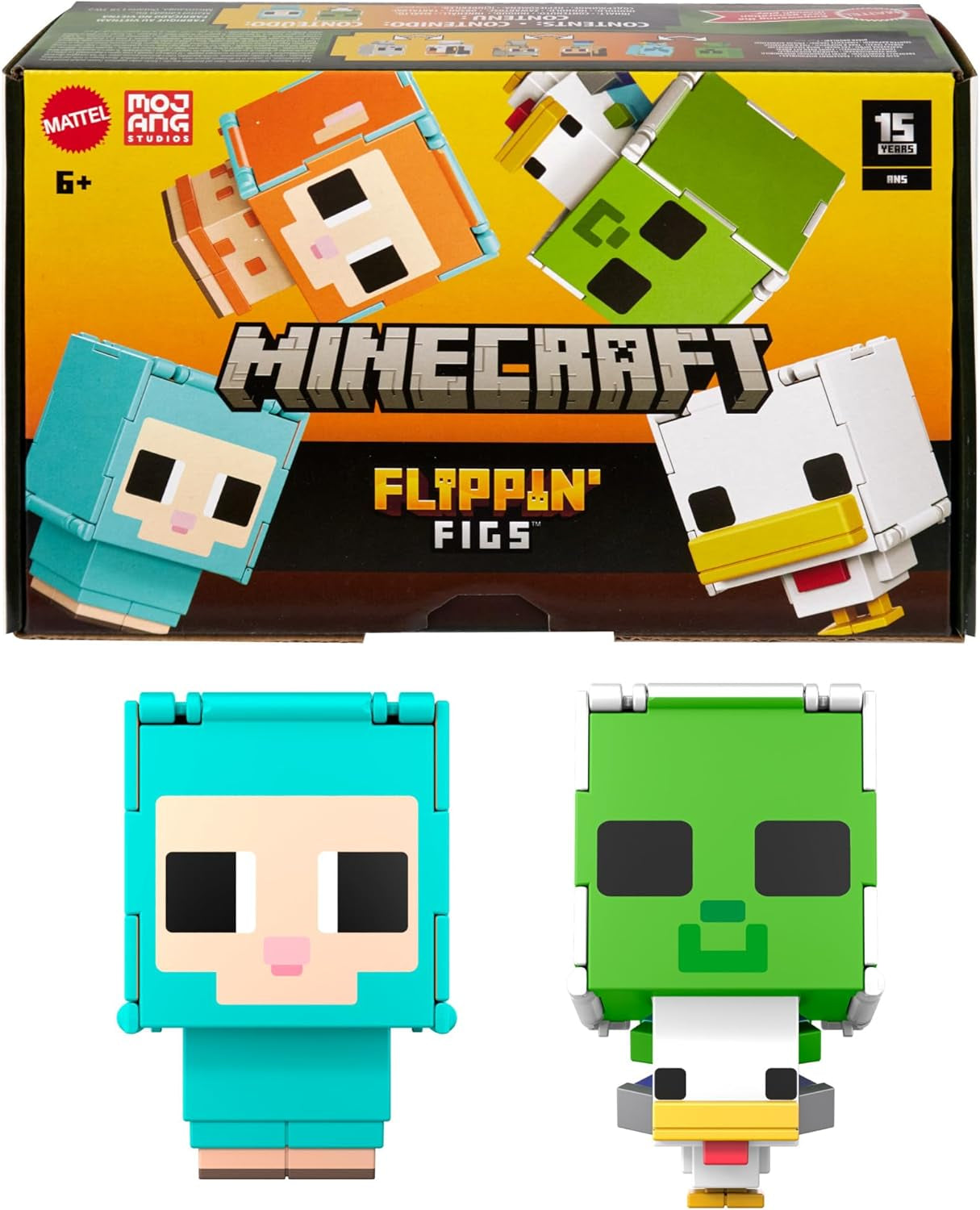 Mattel Minecraft Flippin' Figs Sheep and Chicken 2-pack met 2-in-1 speelfiguren, grote hoofden en pixelontwerp HXK17 Actiefiguren Naty Shop Sheep and Chicken