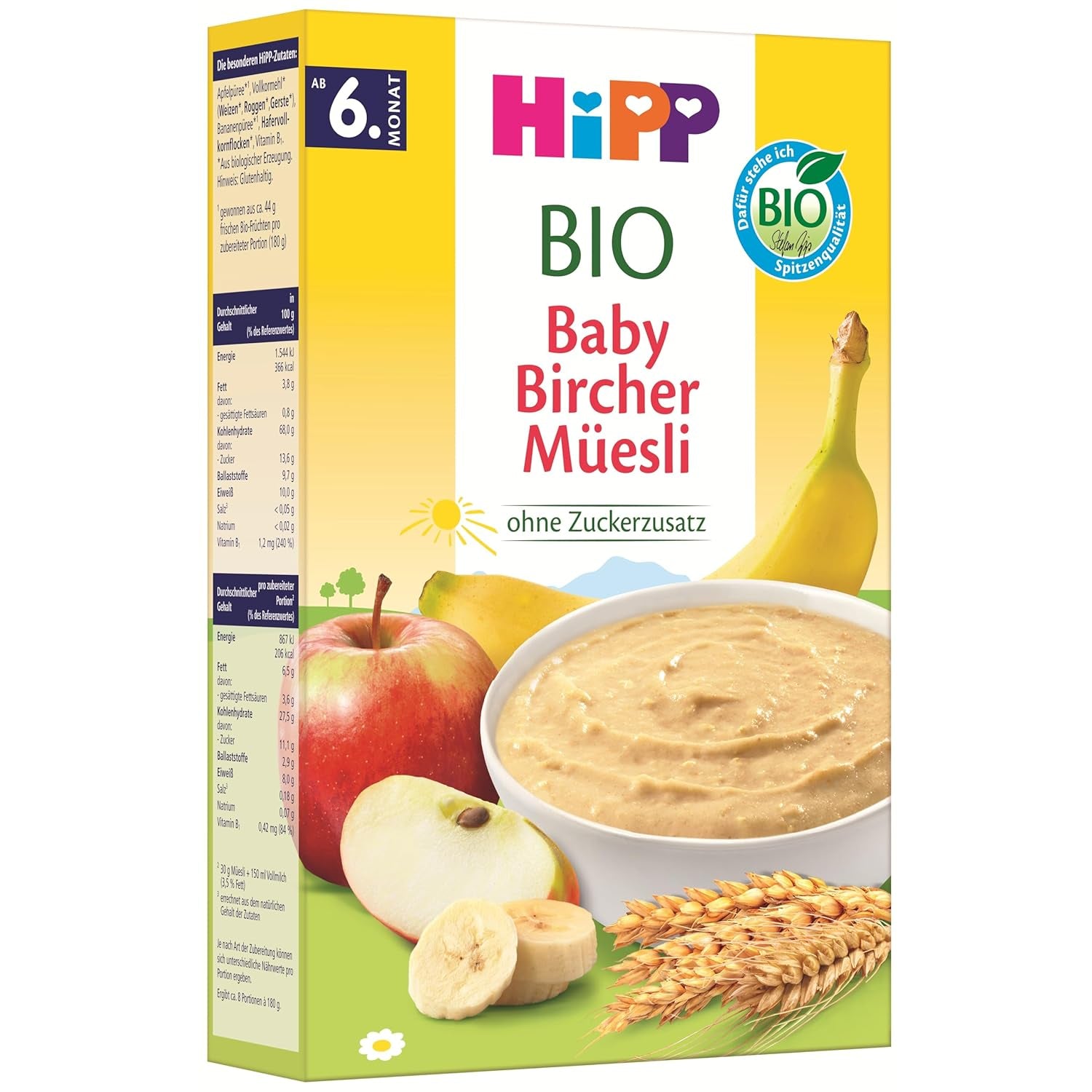 HiPP Muesli Bircher voor biologische baby's (8 x 250 g), vanaf 6 maanden, zonder toegevoegde suiker, extra zachte graanvlokken - licht verteerbaar ontbijt van de beste biologische kwaliteit