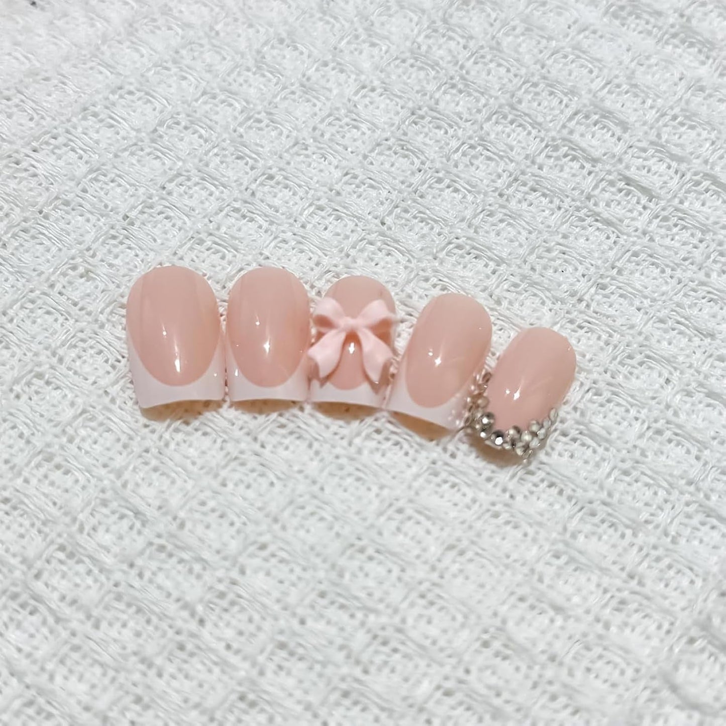 24 stuks roze diamanten boog French manicure tabletten vierkante nagels strass patroon naakt roze kunstnagels volledige dekking lijm manicure
