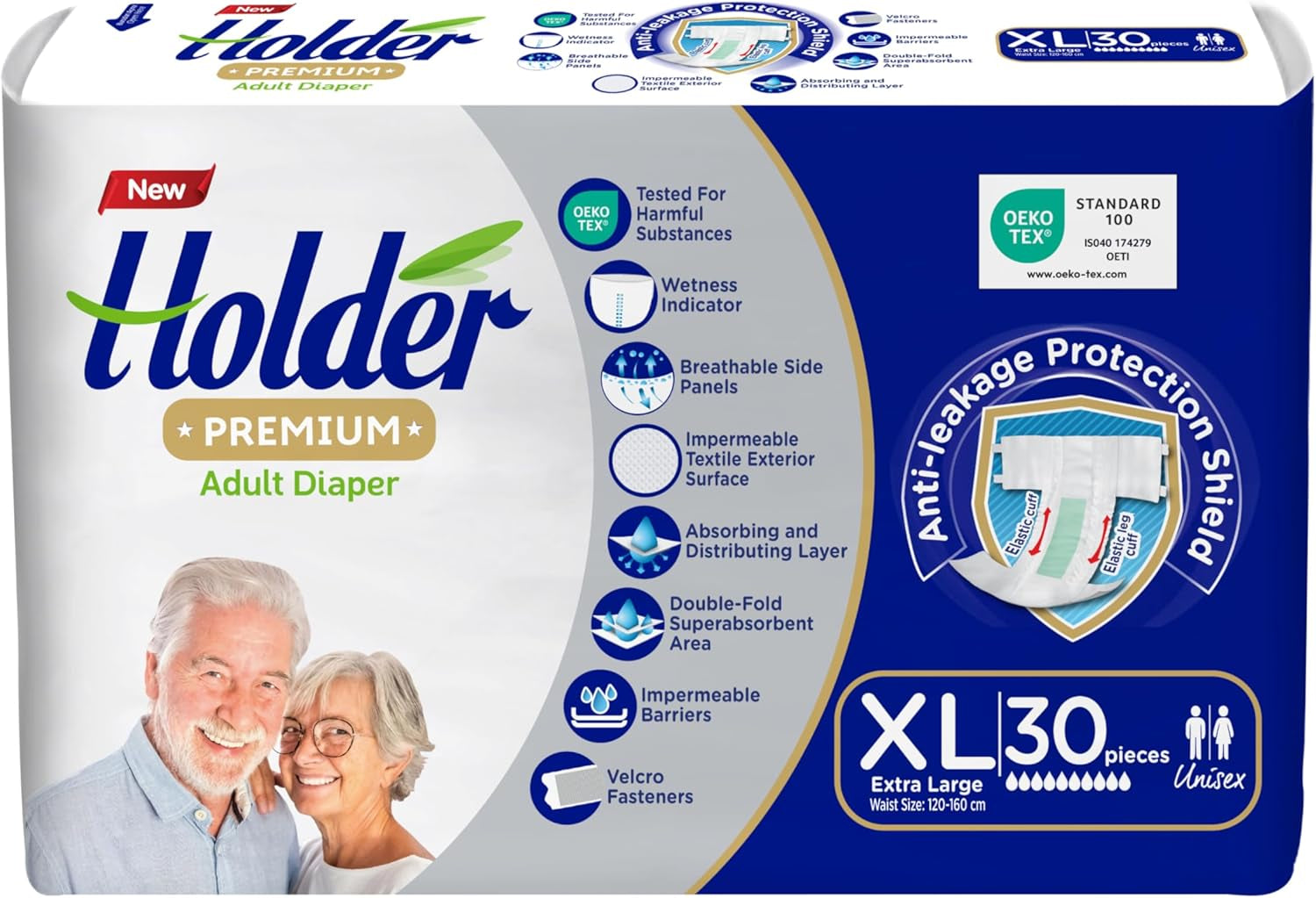 Wegwerpluiers voor volwassenen, unisex, waterdicht, absorberend, elastisch, zijkant, ademend, superabsorberend, dubbellaags, vochtindicator, 5-sterren dermatologische bescherming, medium