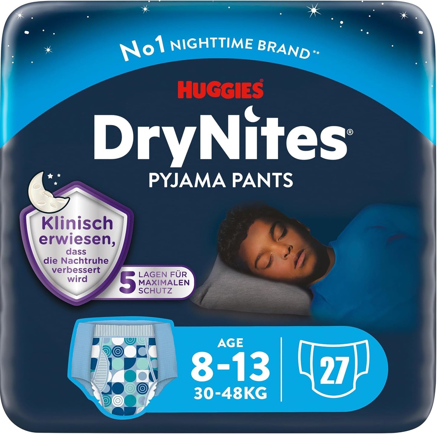 Huggies DryNites superabsorberende nachtluiers voor jongens van 8-13 jaar (30-48kg) 27 stuks (3 x 9 stuks) Pantyluiers