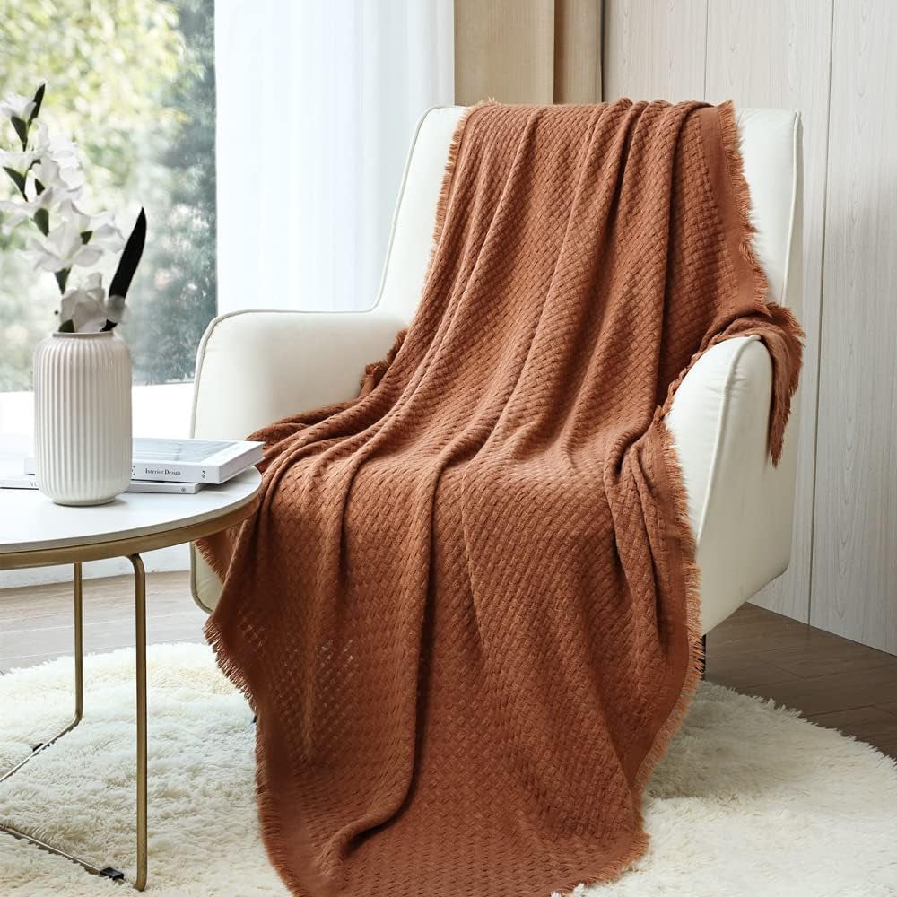 CREVENT Roest Gebreide Deken voor Bank Bank Stoel Bed Woondecoratie Zacht Warm Gezellig Lichtgewicht Lente Zomer Herfst (127,8 X 152,4 cm Karamel / Bruin / Verbrand Oranje) CREVENT Karamel Wafelbedden en Dekens