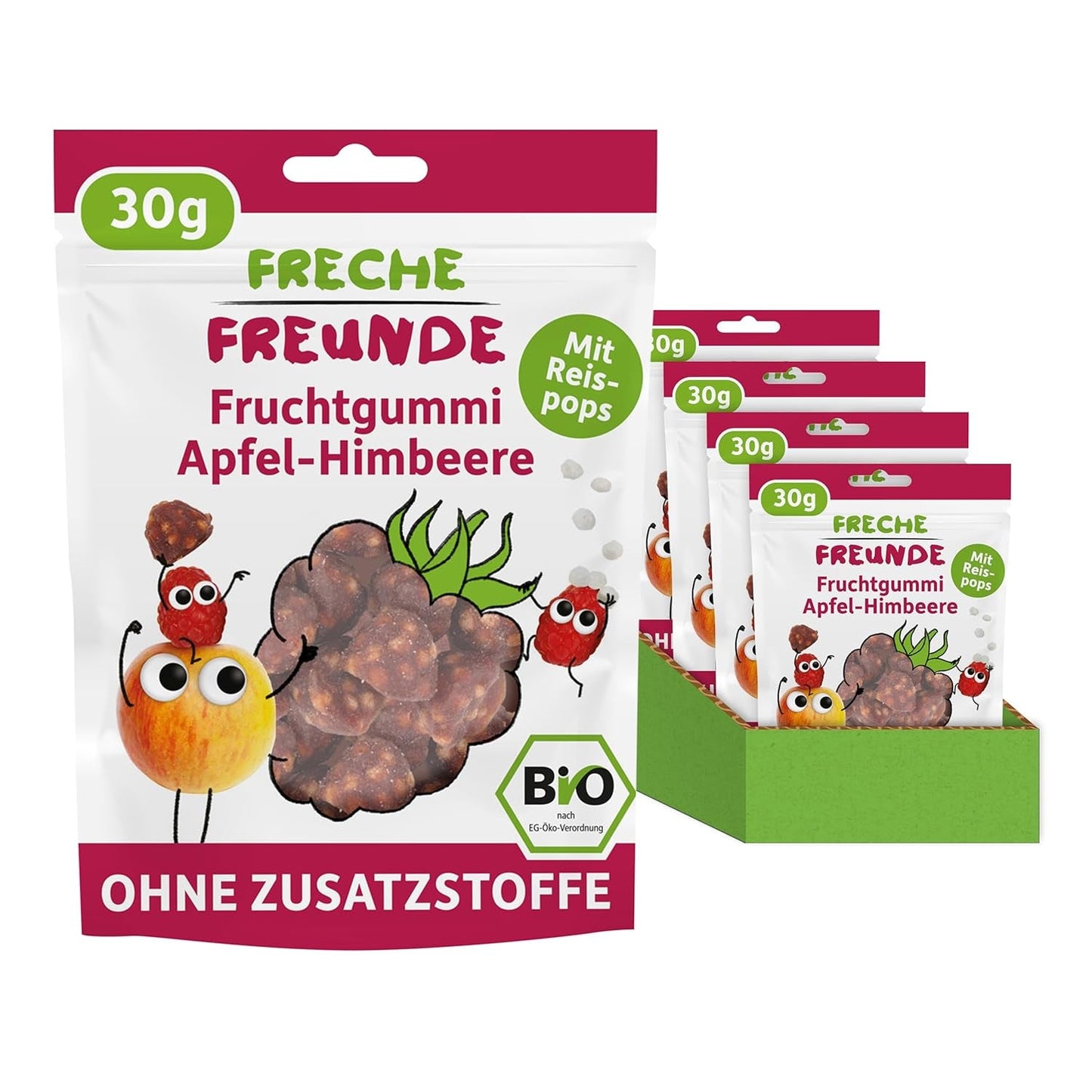 FRECHE FREUNDE Biologische fruitgelei, appel-, frambozen- en rijstlolly's, fruitige zoete snack voor kinderen, glutenvrij, veganistisch, verpakking van 20 (20 x 30 g)