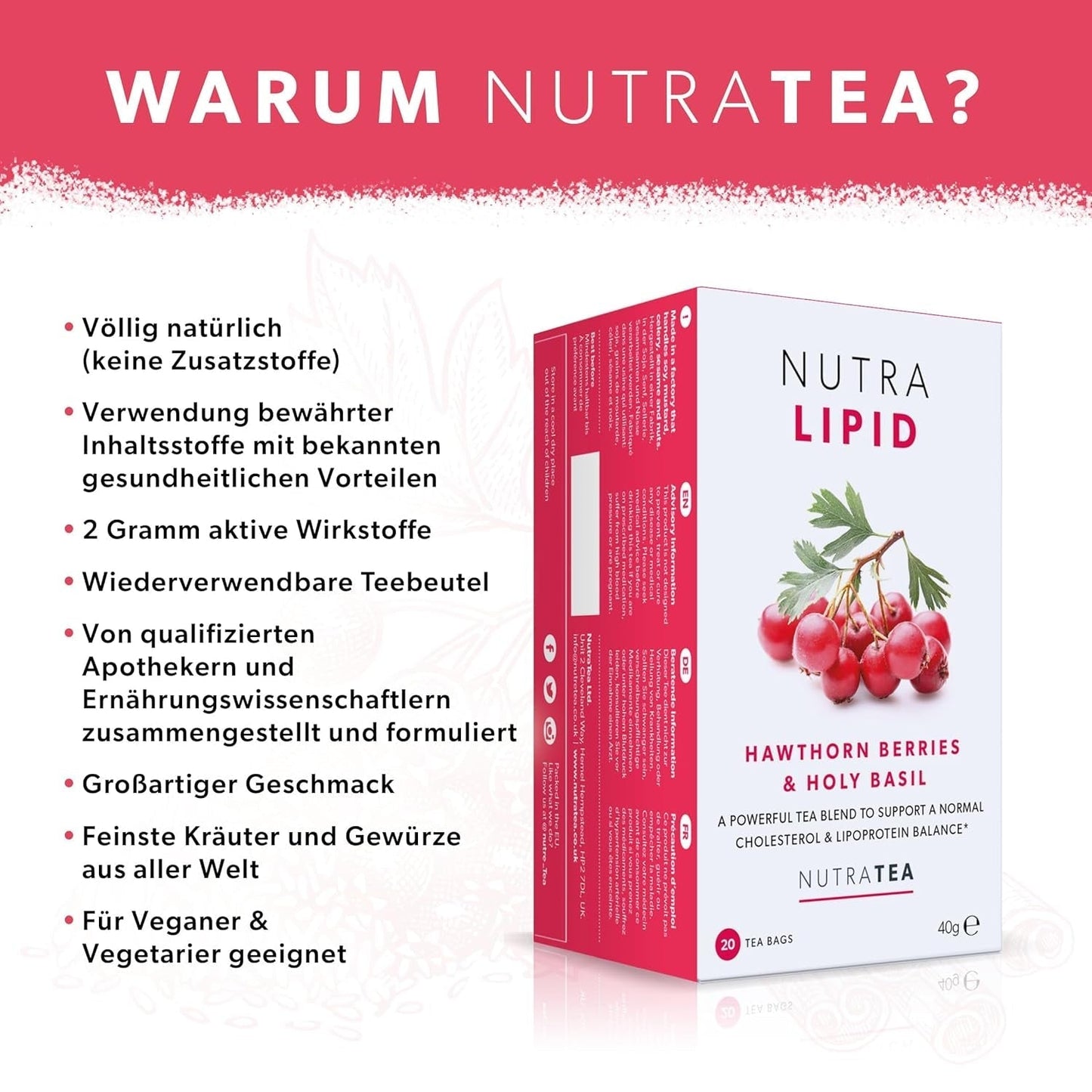 Nutra Thee NUTRALIPID, bloedsuikerbalancerende thee Helpt de bloedsuikerspiegel op peil te houden, Afslankthee Verbetert de stofwisseling en kan de eetlust onderdrukken, 20 herbruikbare theezakjes