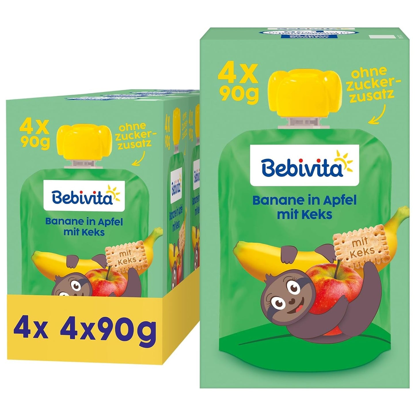 Banaan in Appel met Koekjesverpakking - 16 stuks (4 pakken, elk 4 x 90 g), zonder toegevoegde suiker, gemaakt van mild fruit en gezonde granen, ideaal voor afhaal- en onderweg-snacks