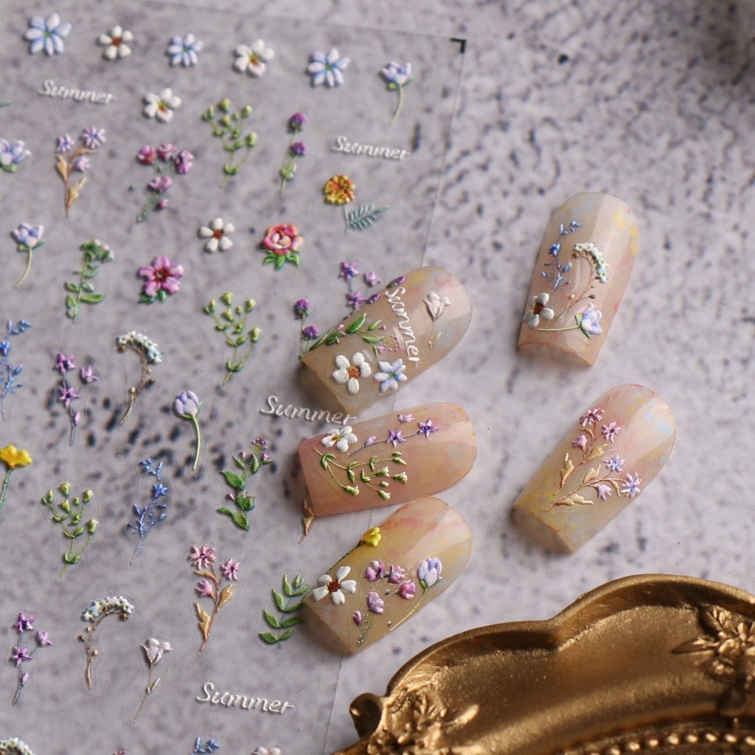 JMEOWIO 3D Nagelsticker Blume Frühling Sommer Floral Nail Art Sticker Selbstklebend Nagelaufkleber 5D Stereoskopische Decoratie Nageldesign Zubehör 1 Blatt