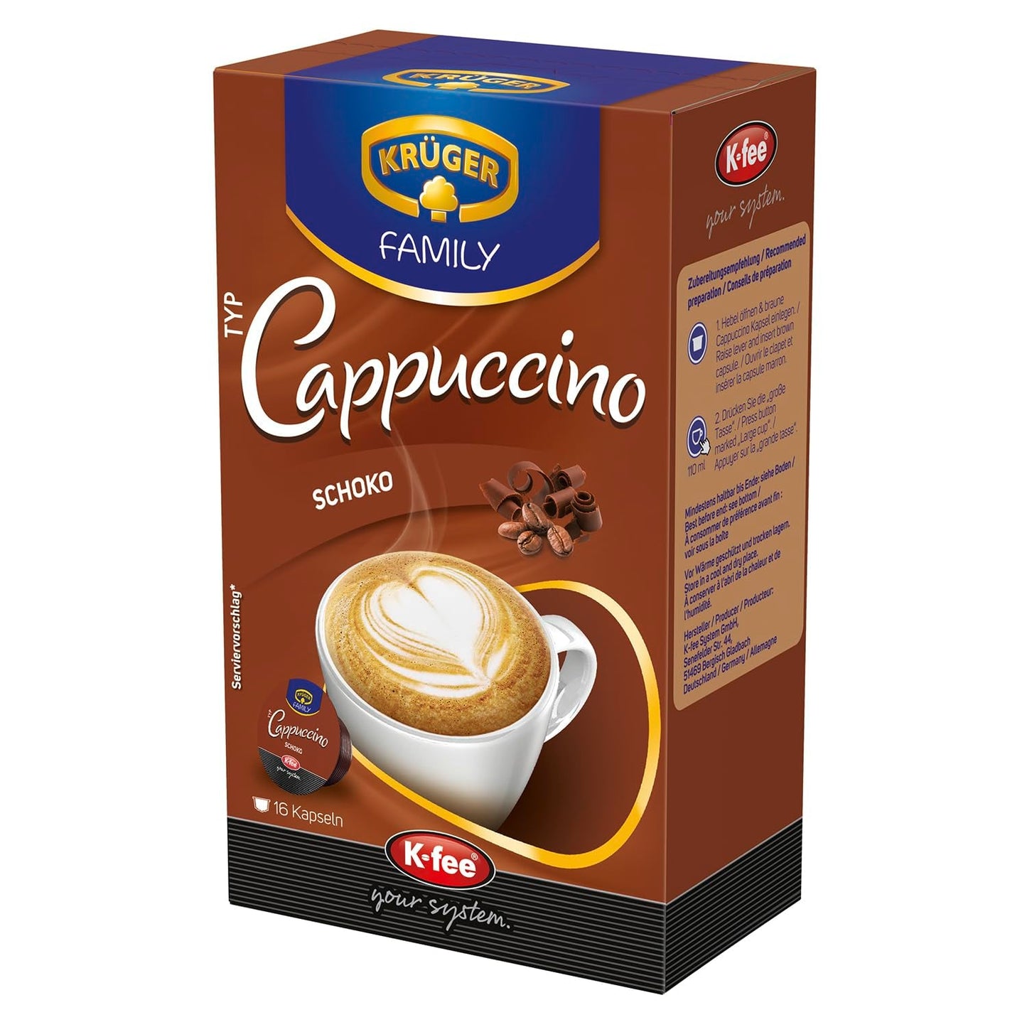 KRÜGER Cappuccino Schoko Koffiecapsules, compatibel met K-fee en ALDI EXPRESSI* Kapselmaschinen, gearomatiseerde oploskoffie, 96 capsules