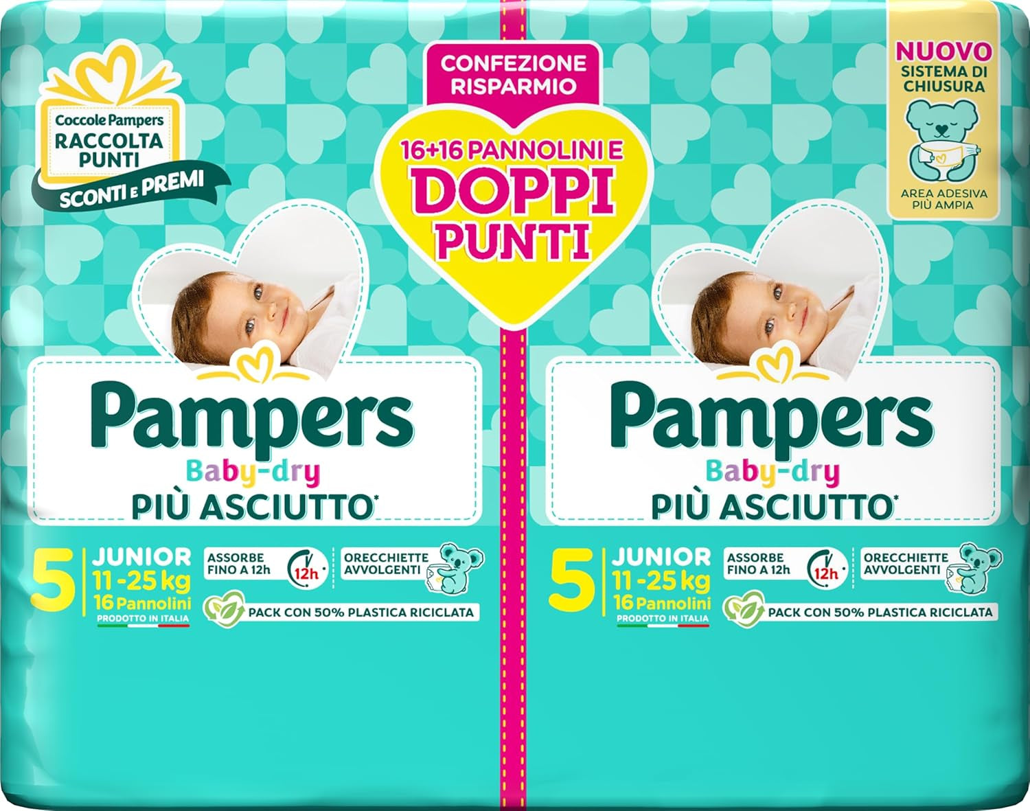 Pampers Baby Dry Junior DWCT-luiers, Twin-verpakking, maat 5 (11-25 kg), 32 luiers
