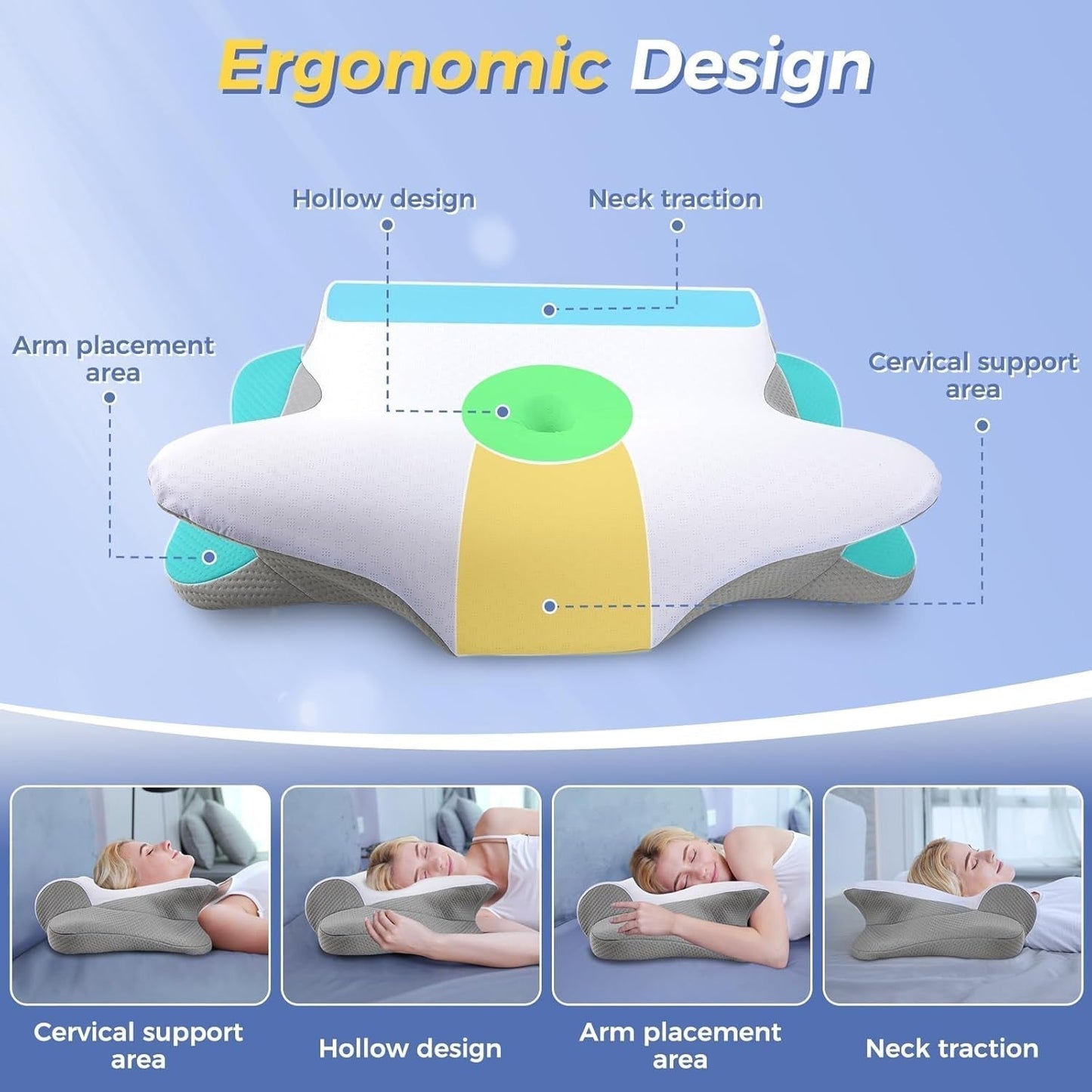 SAHEYER Nekkussen 2 in 1 Ergonomisch neksteunkussen en nekrolkussen Orthopedisch kussen voor zijslapers Memory Foam kussen voor zijslapers Rug- en buikorthopedische nekkussens Naty Shop