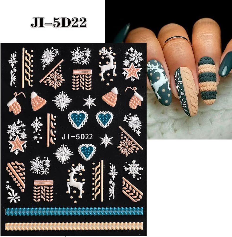 5 Blatt 3D Nagelsticker Weihnachten Nagelaufkleber 5D Stereoskopisch Selbstklebend Schneeflocke-Weihnachtswinterurlaub Nail Art Sticker Decoratie Nageldesign Zubehör