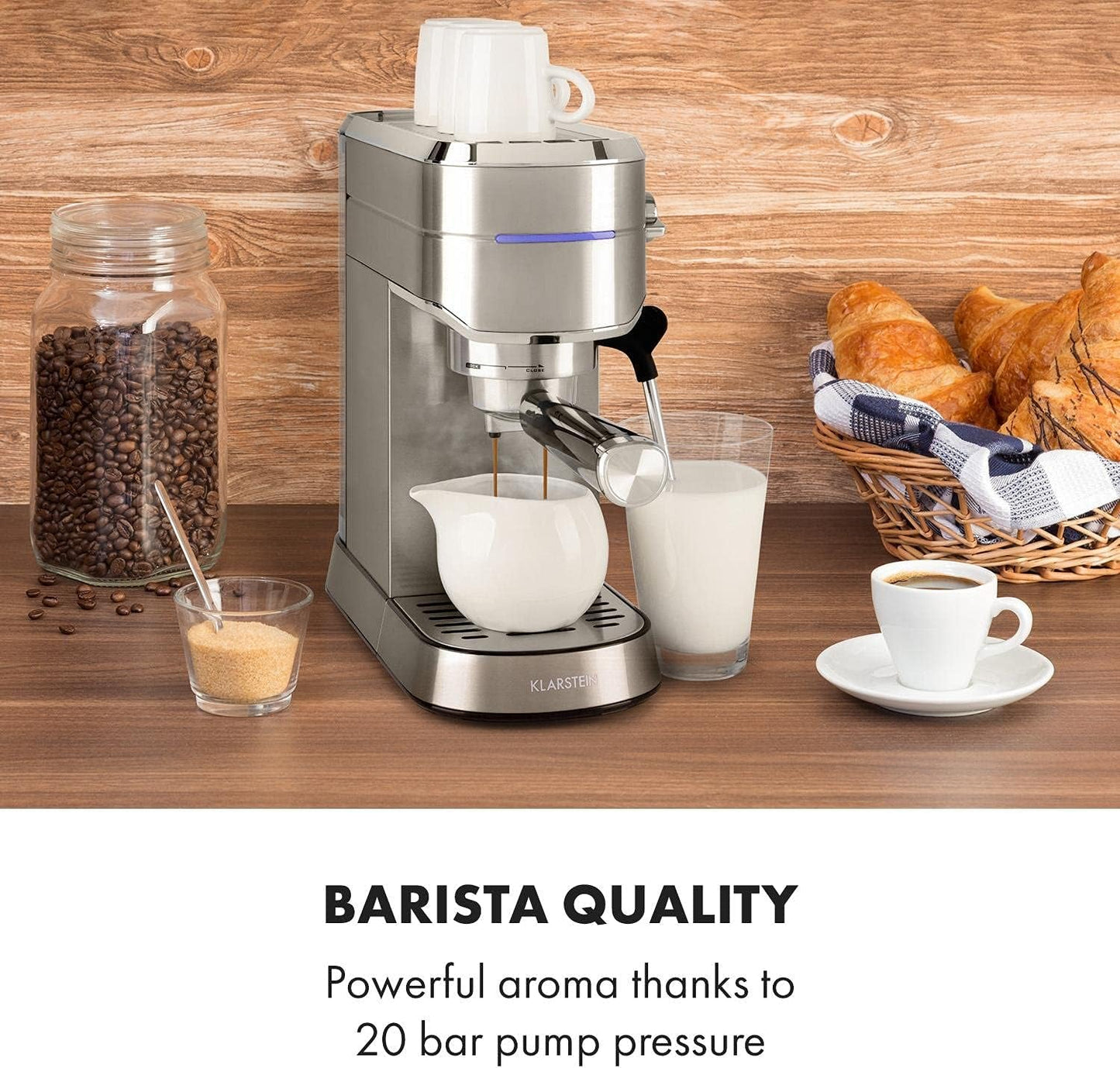 Klarstein Futura espressomachine, draagbare filter-espressomachine, 1450 W, 20 bar, Barista-kwaliteit, dubbele sproeier, doorstroomstop, draagbare filter-espressomachine, melkopschuimfunctie, zilver