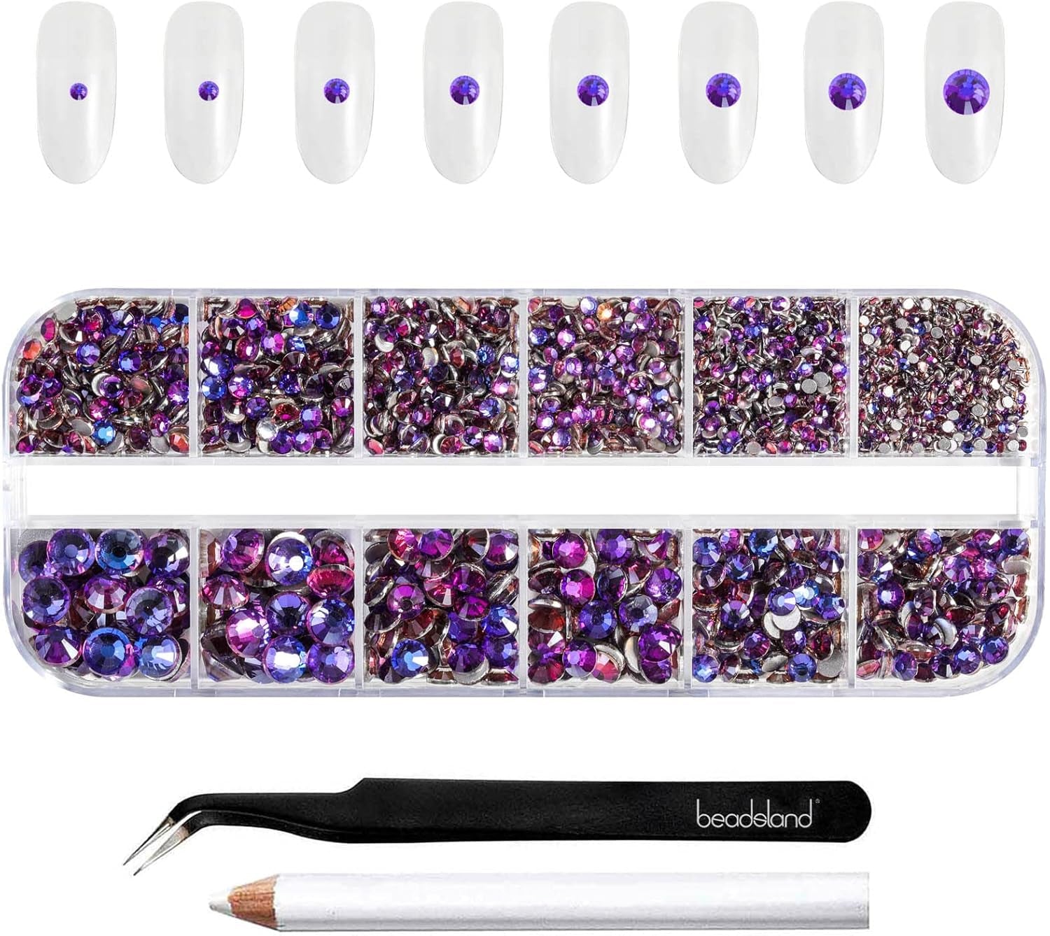 Beadsland 2500 stuks glas Nailart Strasssteine ​​Kristall Flatback Edelsteine ​​Runde, voor handwerk Gemischt 8 Größen SS4 ~ SS30 Mit Picking Pinzette en Stift (Kristall Weiss)