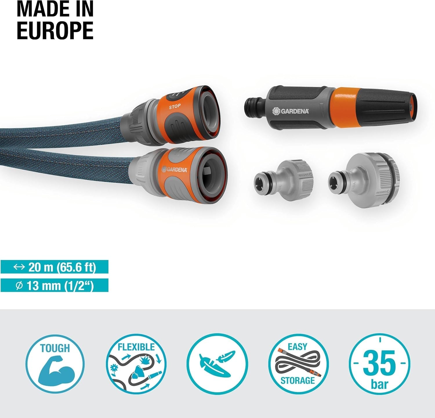 Gardena Liano Xtreme 1/2 inch 20 m set: Extreem robuuste textiel tuinslang met lichtgewicht, weerbestendige PVC binnenslang (18470-20)
