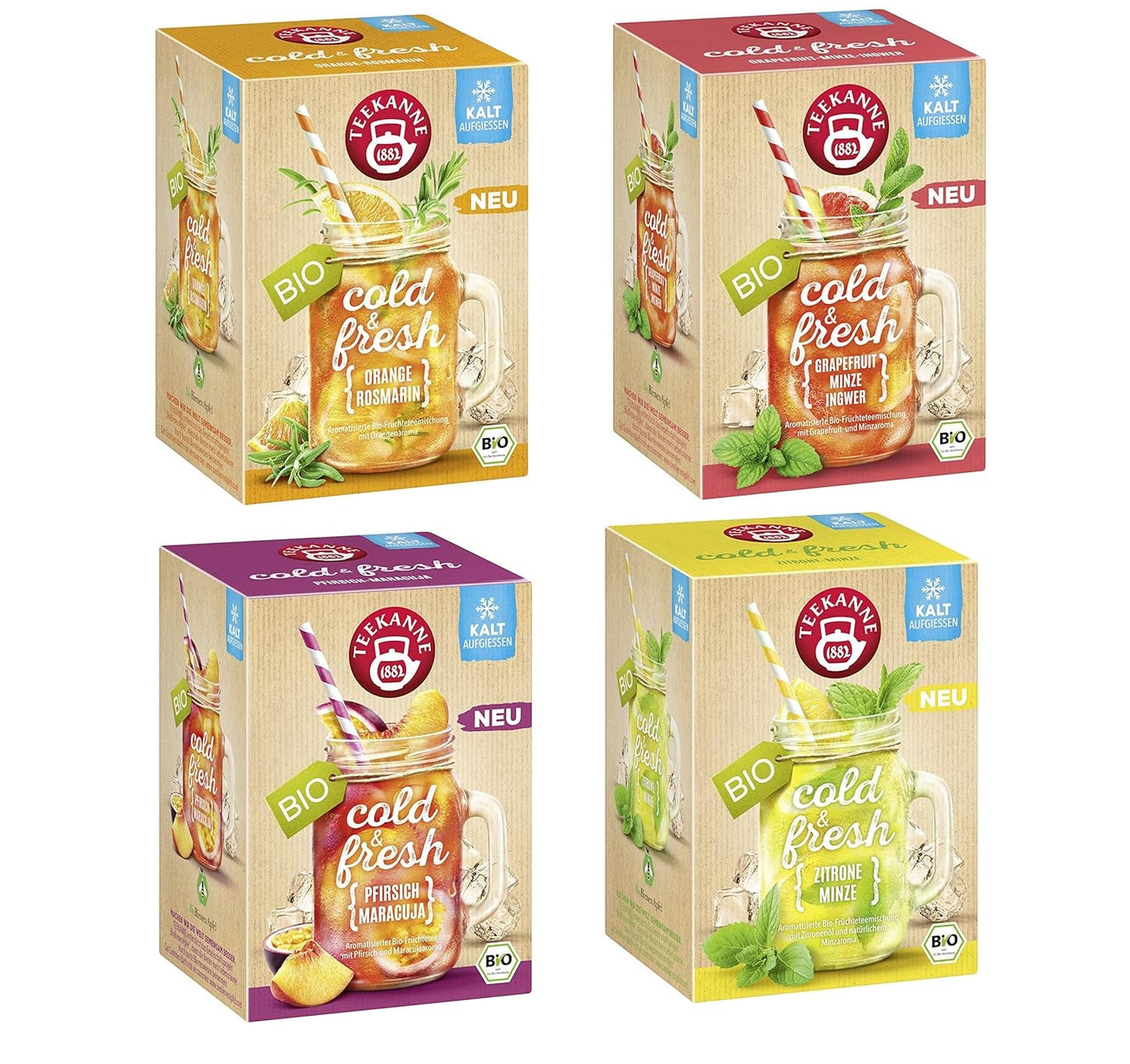 Teekanne Cold & Fresh BIO 4Er Mix - Met de nieuwe soorten citroen-munt, perzik-maracuja, sinaasappel-rozemarijn, grapefruit-munt-gember (4 X 45G)