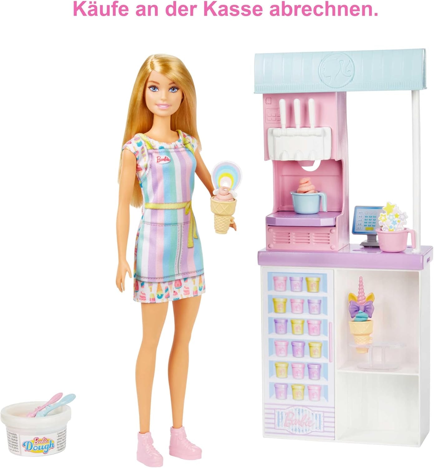 Barbie You Can Be Anything-serie, ijssalon, 1x Barbie-pop met blond haar, ijsmachine, Barbie Play-Doh, bakaccessoires, kindercadeau, speelgoed vanaf 3 jaar, HCN46