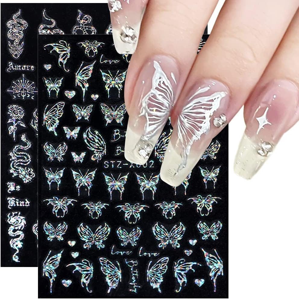 6 Blatt Schmetterling Nagelsticker Selbstklebend Laser Zilver Schmetterlings Nagelaufkleber 3D Aurora Silber Schwarz Schmetterlinge Nagelstickers Frühling Nageldesign Nagelsticker Nail Art Zubehör