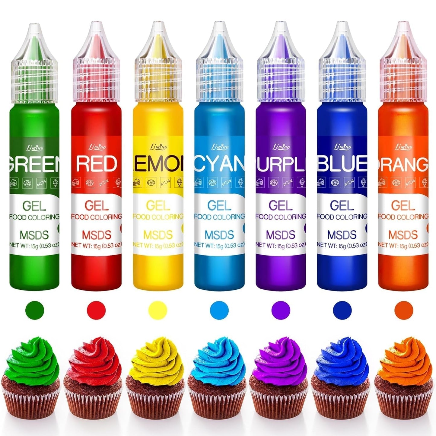 Gelvoedselkleuring - Regenboogkleurstof voor taarten, bakken, koekjes, bitterkoekjes - Geconcentreerde suikervrije kleurstof voor het versieren van taarten, drankjes, paaseieren, slijm - elk 15 g